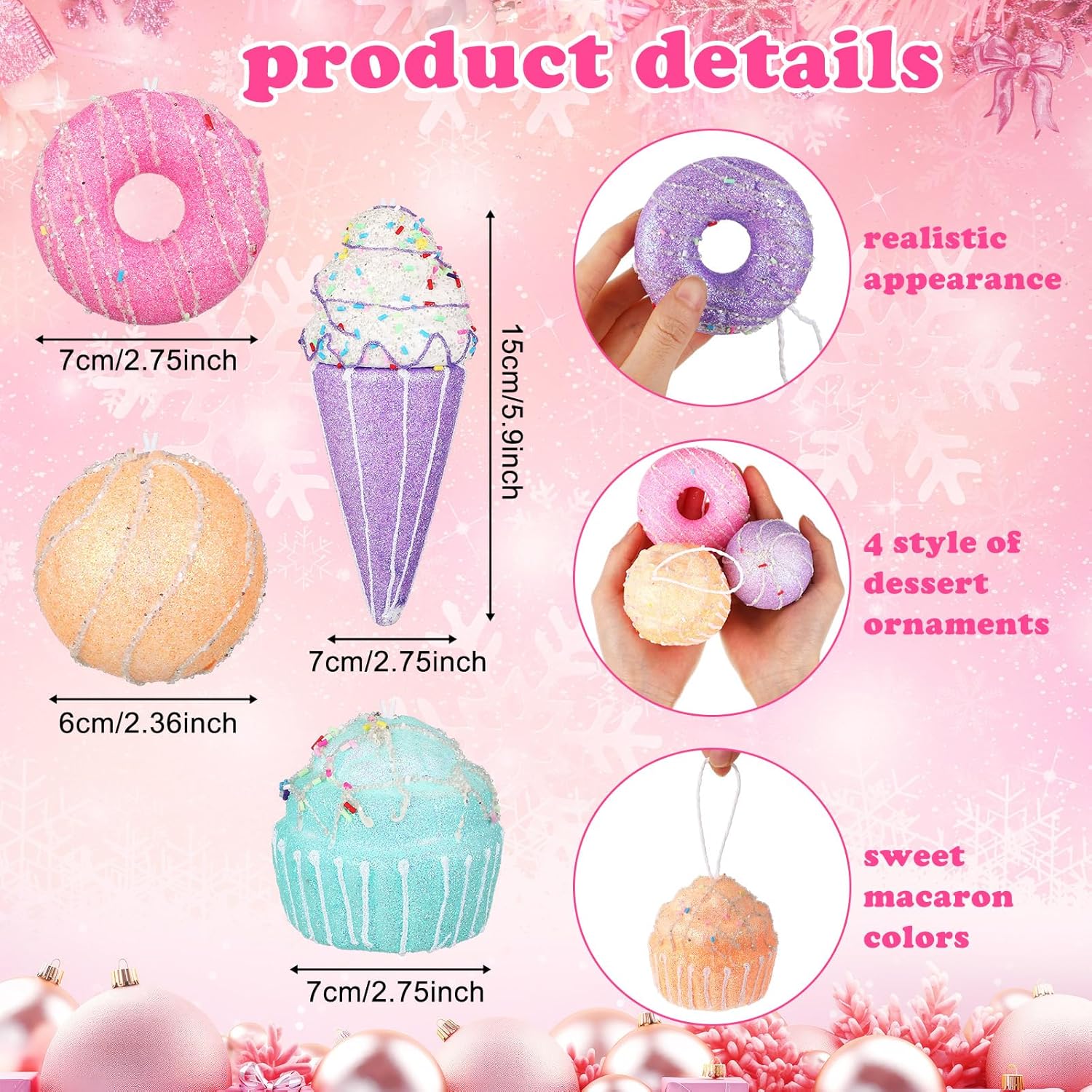 Gejoy 24 Pcs Pastel Dessert Theme Christmas Tree Ornament Sets Pastel Hanging Donut Ice Cream Cupcake Ball Candy Pendants for Xmas Holiday New Year Birthday Baby Shower Party Supplies