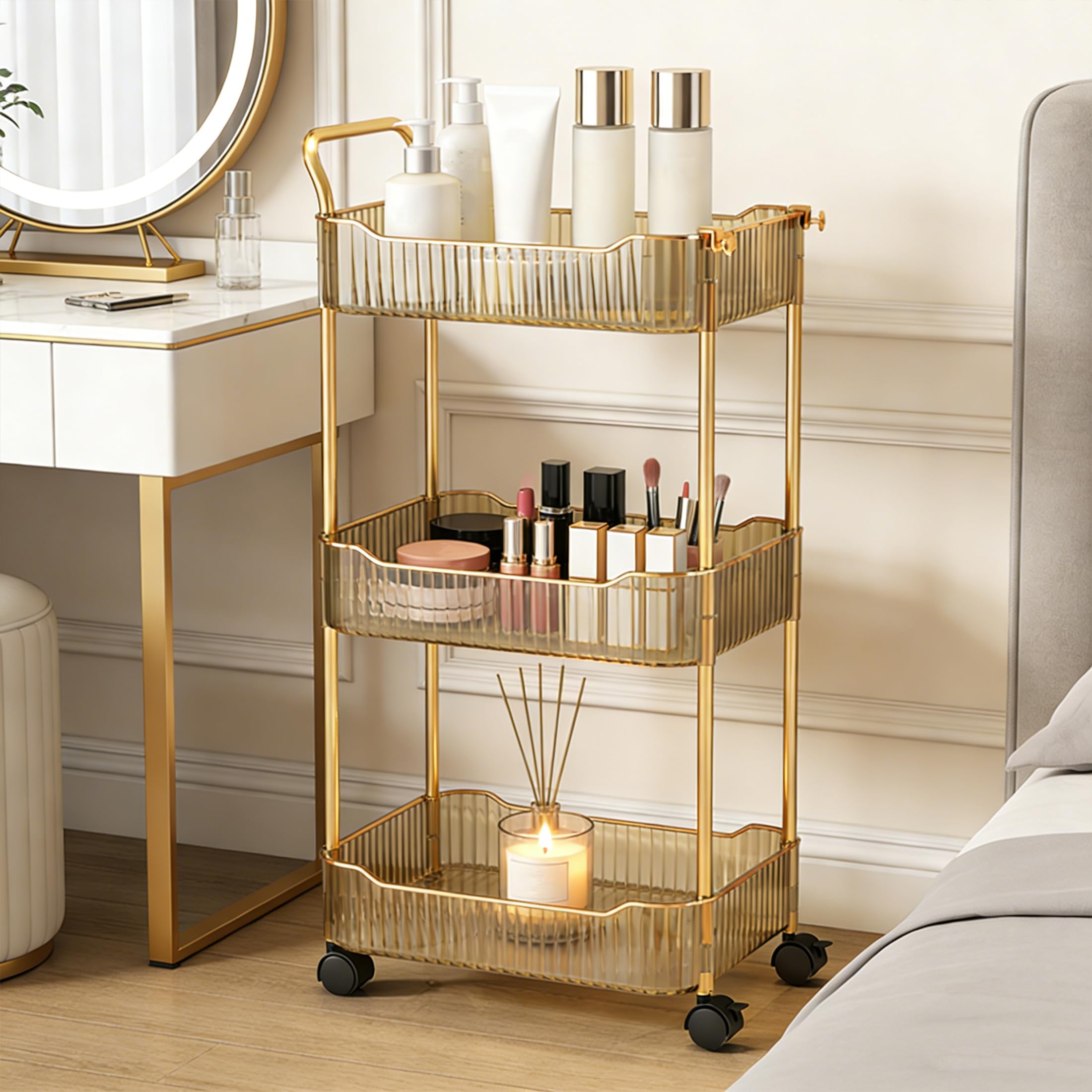 Gold Beauty Trolley on Wheels Acrylic Storage Cart for Bathroom Salon
