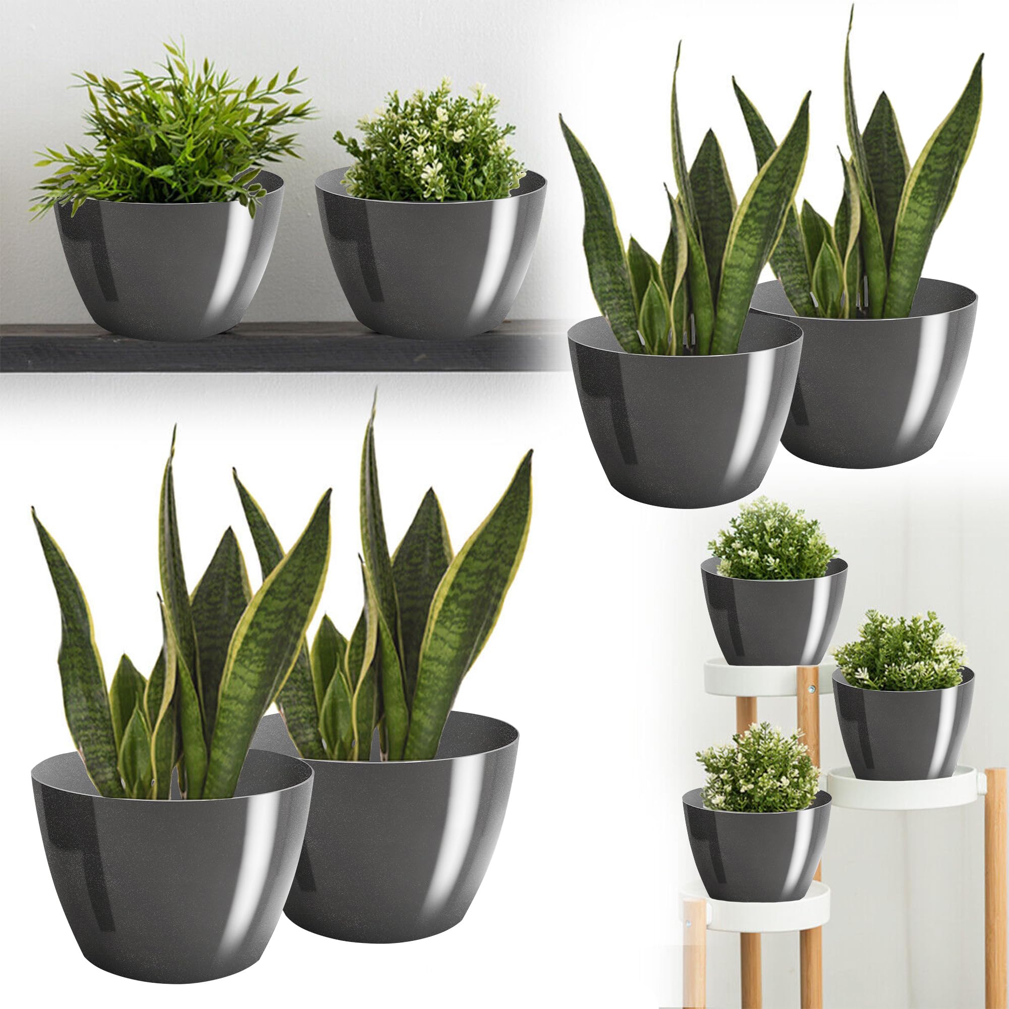 Macetas Brillantes Macetas Decorativas Hierbas Macetas Redondas de plástico duraderas y Ligeras para salón, Comedor, Cocina, terraza, balcón Juego de 2 Piezas (Antracita, diámetro 16 cm) — view 110