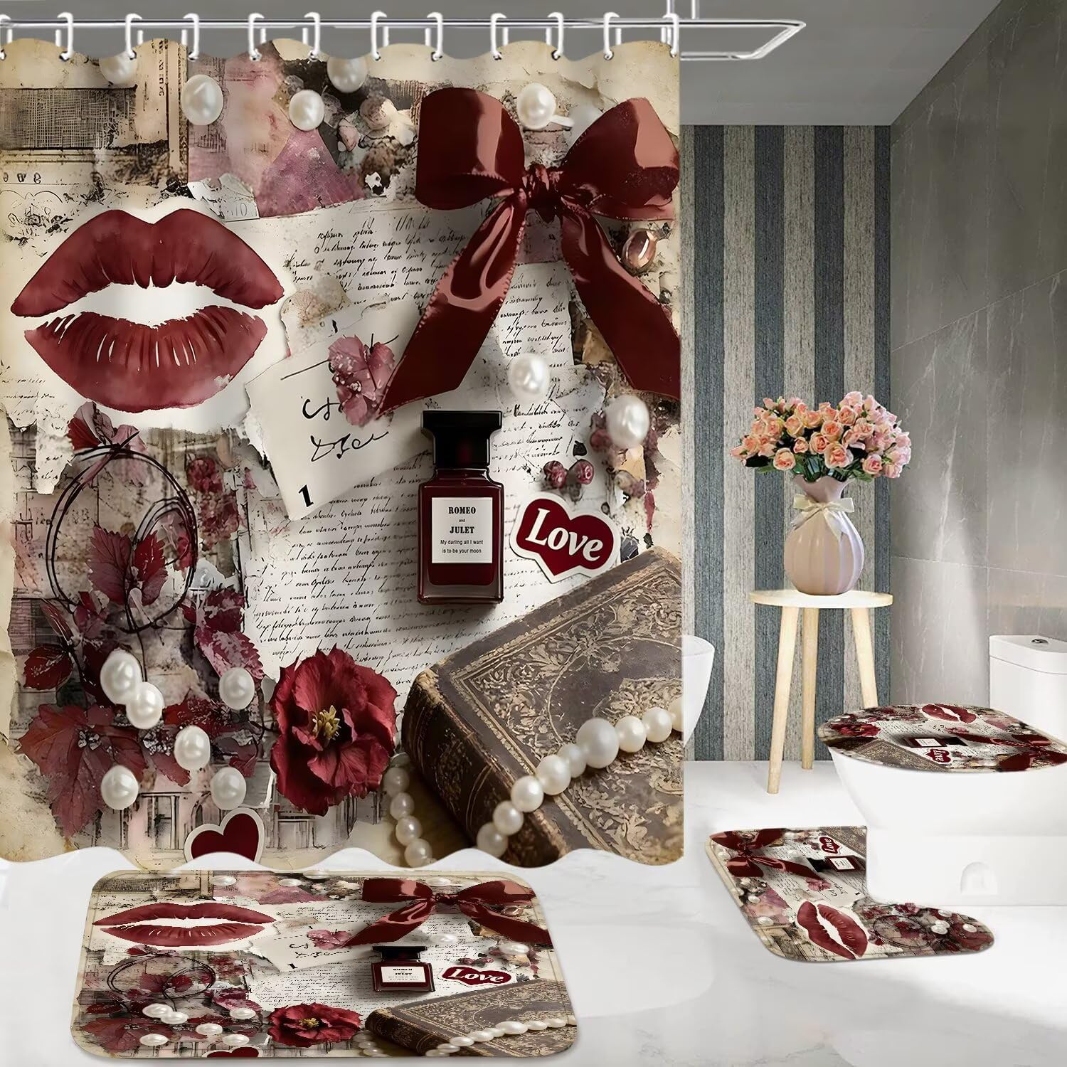 DDQQ 4Pcs Sexy Lip Shower Curtain Set Women Pearl Bow Bathroom Decor Set, Fashion Red Flower Perfume Bathroom Curtains Shower Set with Rugs, Girly Shower Curtain with 12 Hooks