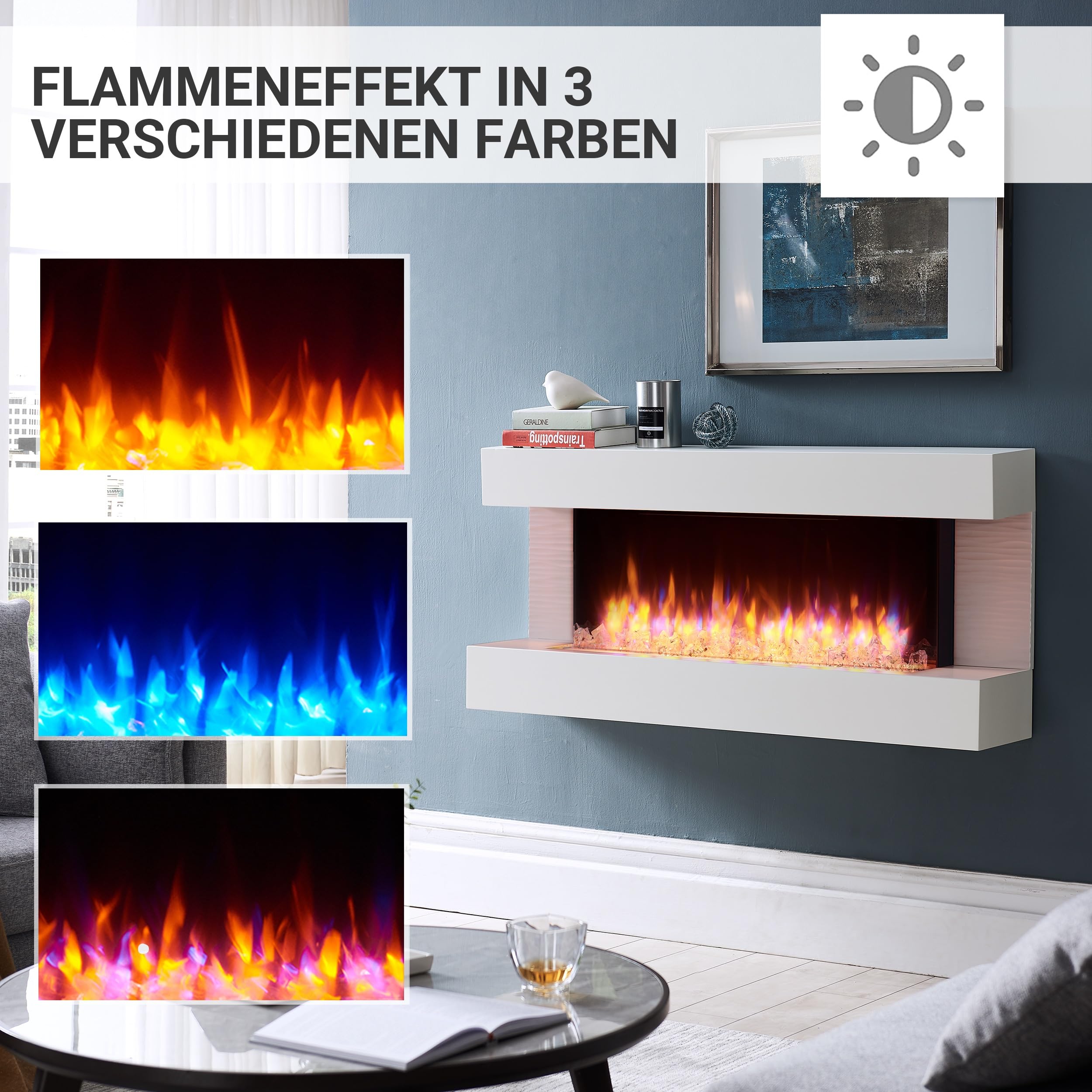 BALDERIA Elektrokamin Helia, Elektrischer Wandkamin, 2000W, Weiß