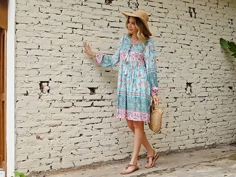 R.Vivimos Womens Long Sleeve Floral Casual Print Cotton Mini Tunic