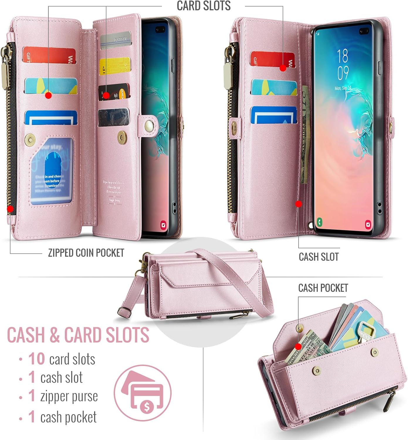 Asuwish Phone Case for Samsung Galaxy S10 Zipper Wallet Cover with Tempered Glass Screen Protector and Leather Flip RFID Blocking Credit Card Holder Cell S 10 Edge 10S GS10 X10 Women Girls Rose Gold