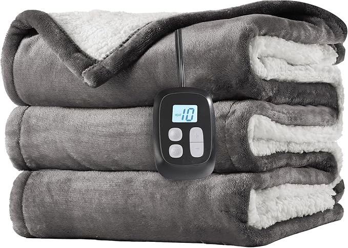 Electric Heated Blanket Full Size 72" x 84", Dual-Sided Flannel Sherpa, LCD Display 10 Heat Levels 1-12H Auto-Off, ETL Certified Machine Washable for Bed & Couch, Light Grey