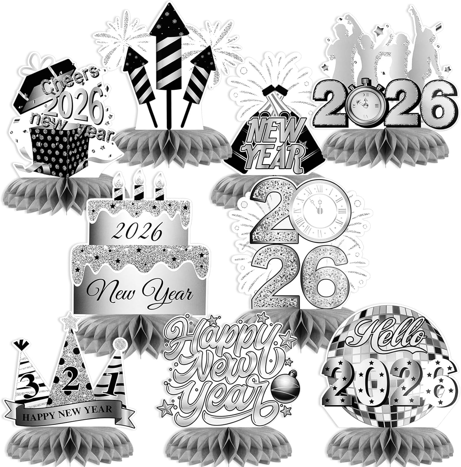 HOWAF 9pcs New Year Party Decorations Honeycomb Centerpieces, 2026 New Year Silver Table Centerpieces, NYE Table Topper for Happy New Year Party Favors, Silver Firework New Year Paper Centerpieces