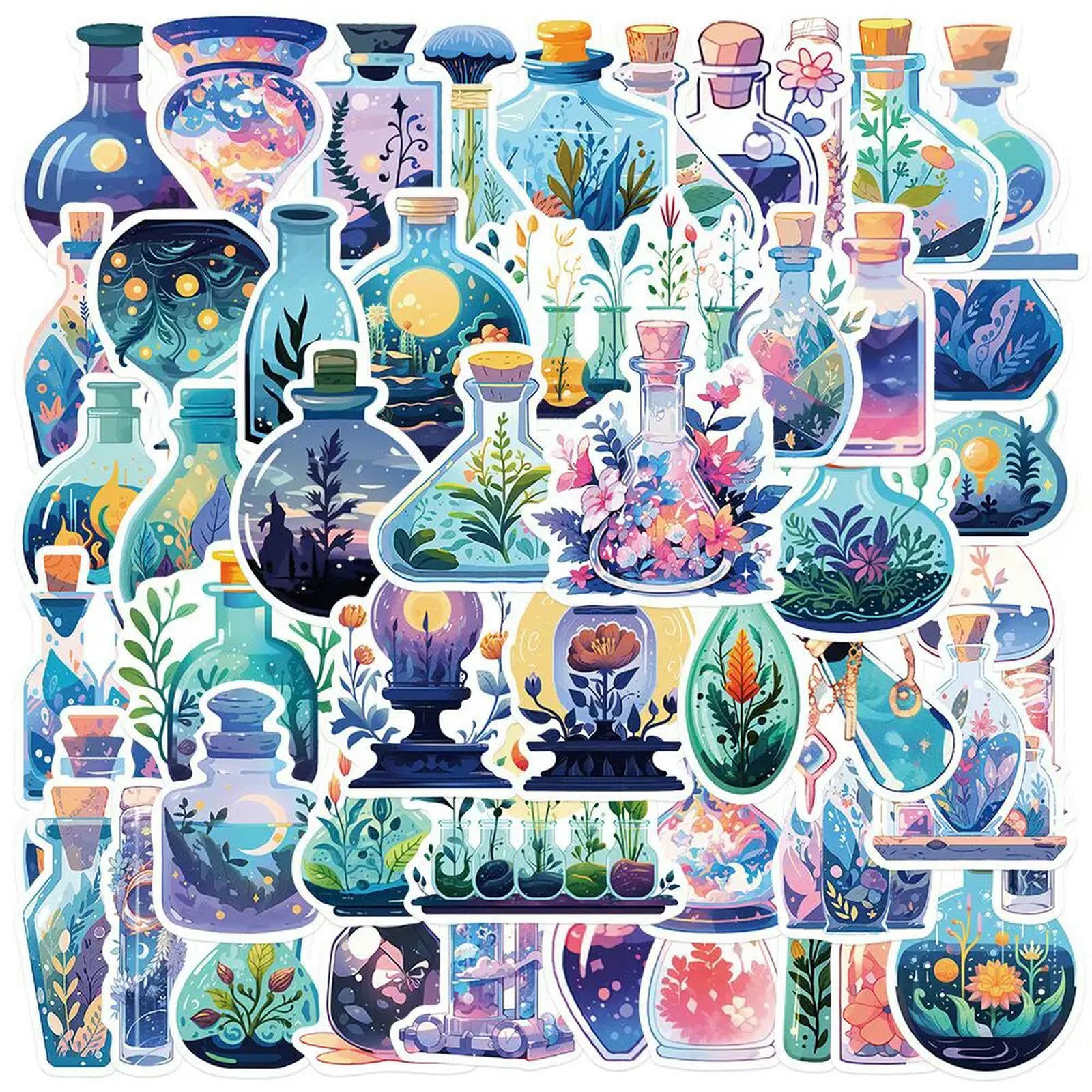 TVIVID 50PCS Cute Potion Bottle Flower Stickers Aesthetic Ins Decals DIY Scrapbooking Notebook Laptop Luggage Toy Graffiti Sticker