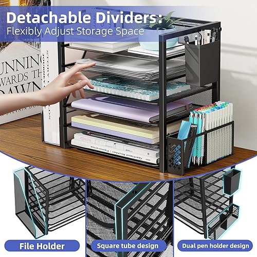 Miniatura 5 de Simple Trending  Organizador de archivos de escritorio de 6 niveles, bandejas para papel tamaño carta con portalápices y canasta colgante de metal,
