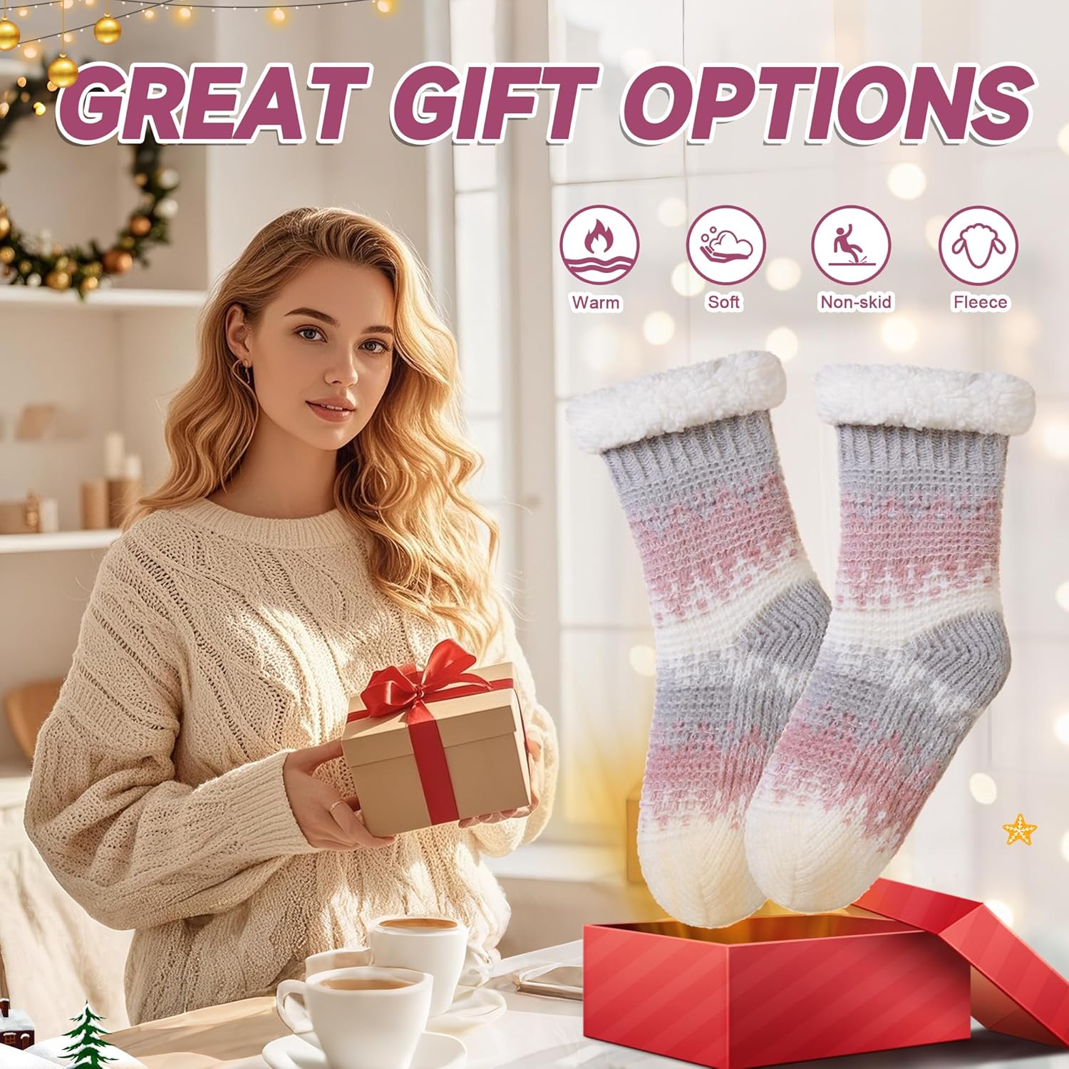 Womens Fuzzy Slipper Grips Socks Fluffy Winter Warm Fleece Lining Non Slip Thick Thermal Cozy Plush Socks - Image 5