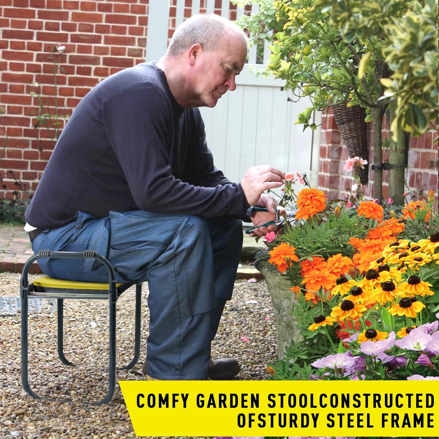 Jardineer Gardening Kneeler and Seat, Foldable Garden Stools for Seniors Gifts, Kneeling Stool and Knee Pad in One Step, Portable Gardening Bench Load Cap 350 lbs with Tools Bag