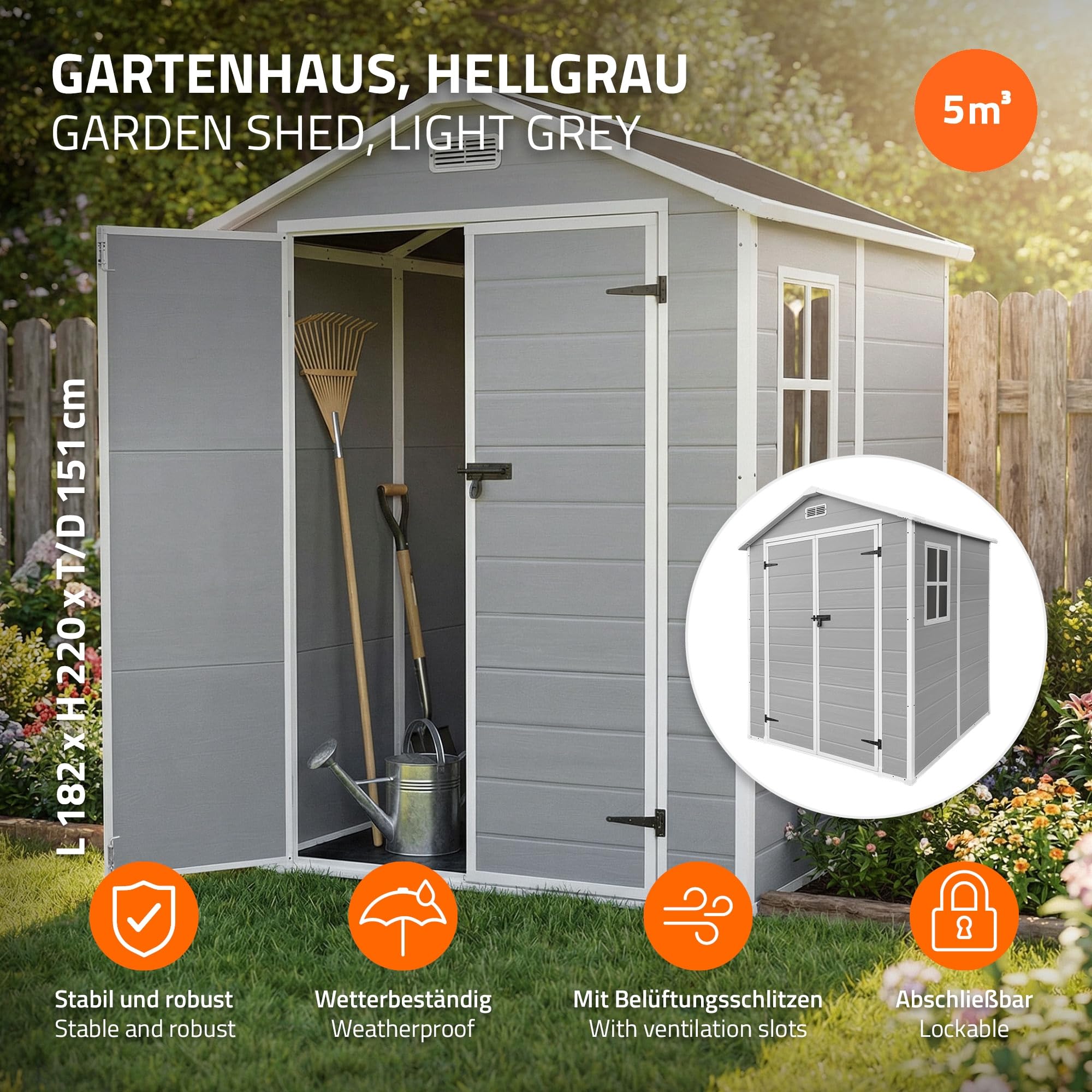 ECD Germany Abri de Jardin avec Plancher en Résine PP 5m³ Gris Clair, Toit Double Pente, Fenêtre, Porte Double, Ventilation, Cabane de Rangement Extérieur 151x182x220 cm, Résistant Aux Intempéries