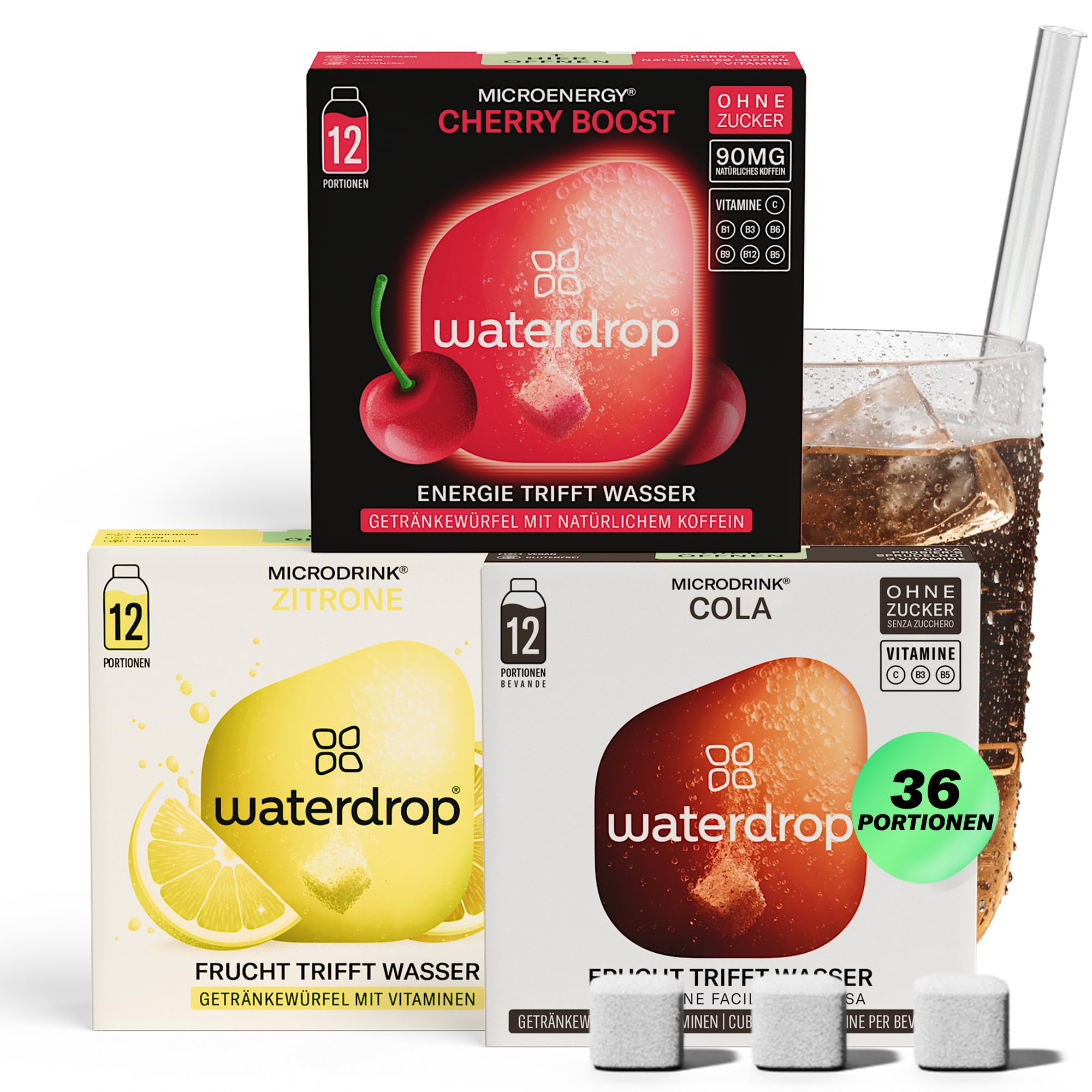 waterdrop® Soda Set - 36 zuckerfreie Drops mit prickelndem Cola, Kirsch & Zitronen Geschmack - vitaminreicher Durstlöscher - spritzige Alternative zu Limonade, Sirup, Getränkepulver & Flavour Drops