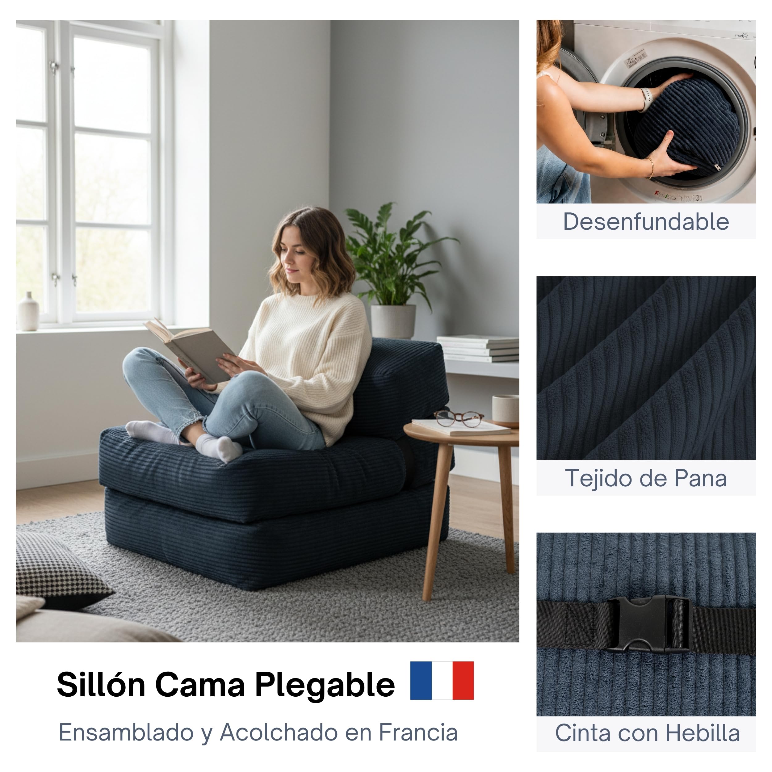 bananair - Sofá Cama 1 Plaza Convertible - Cama Individual Desfundable en Terciopelo Acanalado - Sillon Una Plaza, Futón Japonés Práctico y Confortable, Acolchado en Espuma (70 x 190 cm, Azul)