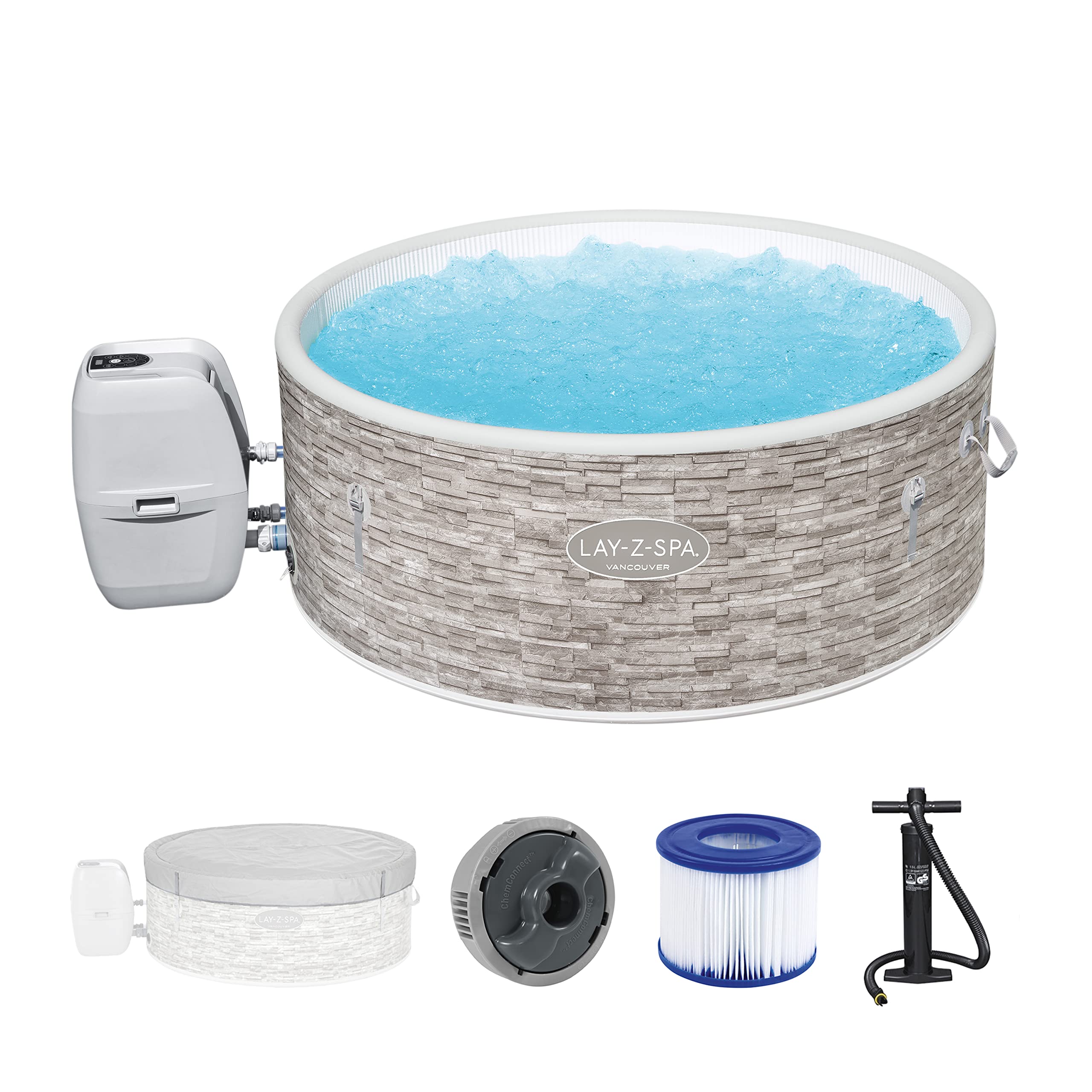 Bestway® Lay-Z-SPA® Vancouver AirJet Plus™ WiFi Whirlpool, 155 x 60 cm, mit App-Steuerung, 3-5 Personen, rund, Stein-Optik | mit App-Steuerung, 3-5 Personen, rund, Stein-Optik