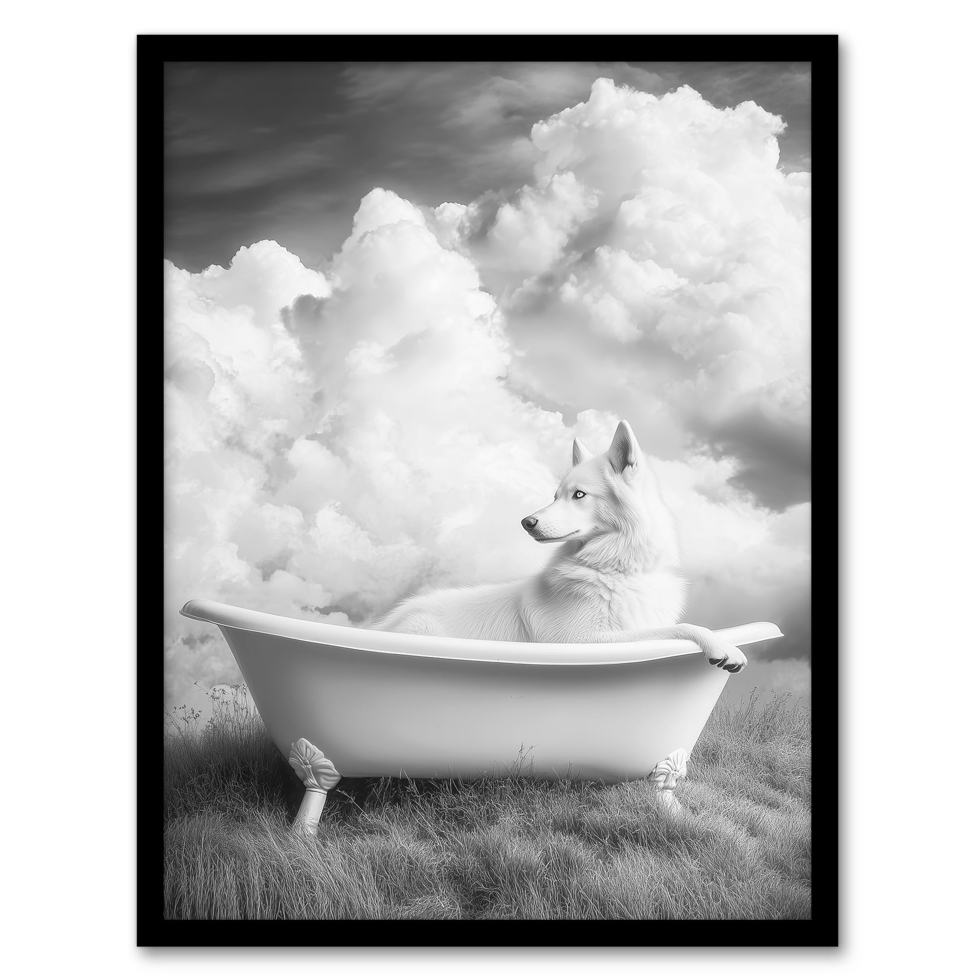 Artery8 Husky in a Bathtub on Field Black White Surreal Bathroom Toilet Artwork Framed Wall Art Print A4