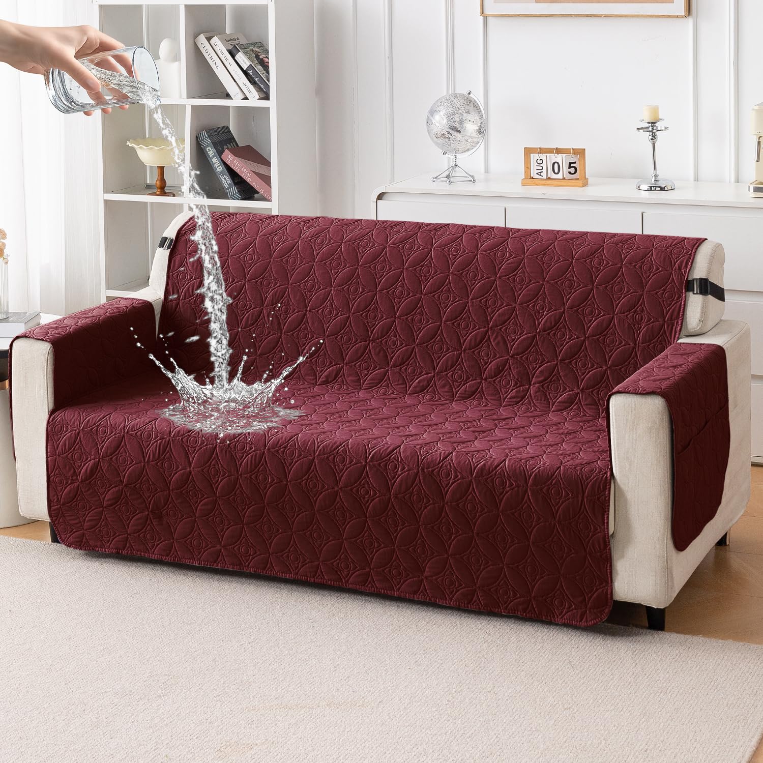 HOKIPO 3 Seater Sofa Cover – 5 Layer Quilted Sofa Mat, 100% Leakproof Protection, Non-Slip Elastic Strap, Soft & Durable Sofa Protector with Side Pockets for Living Room, Wine(AR-6275-BRGN)-image-33