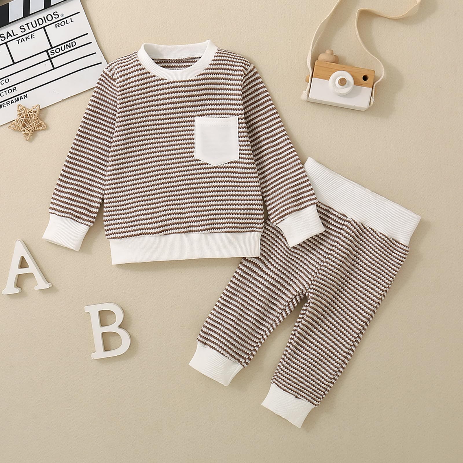 ZAXARRA Baby Boy Fall Clothes Long Sleeve Toddler Boy Waffle Sweatshirt Pullover Tops Pants Infant Fall Winter Outfits (Khaki, 0-6 Months)