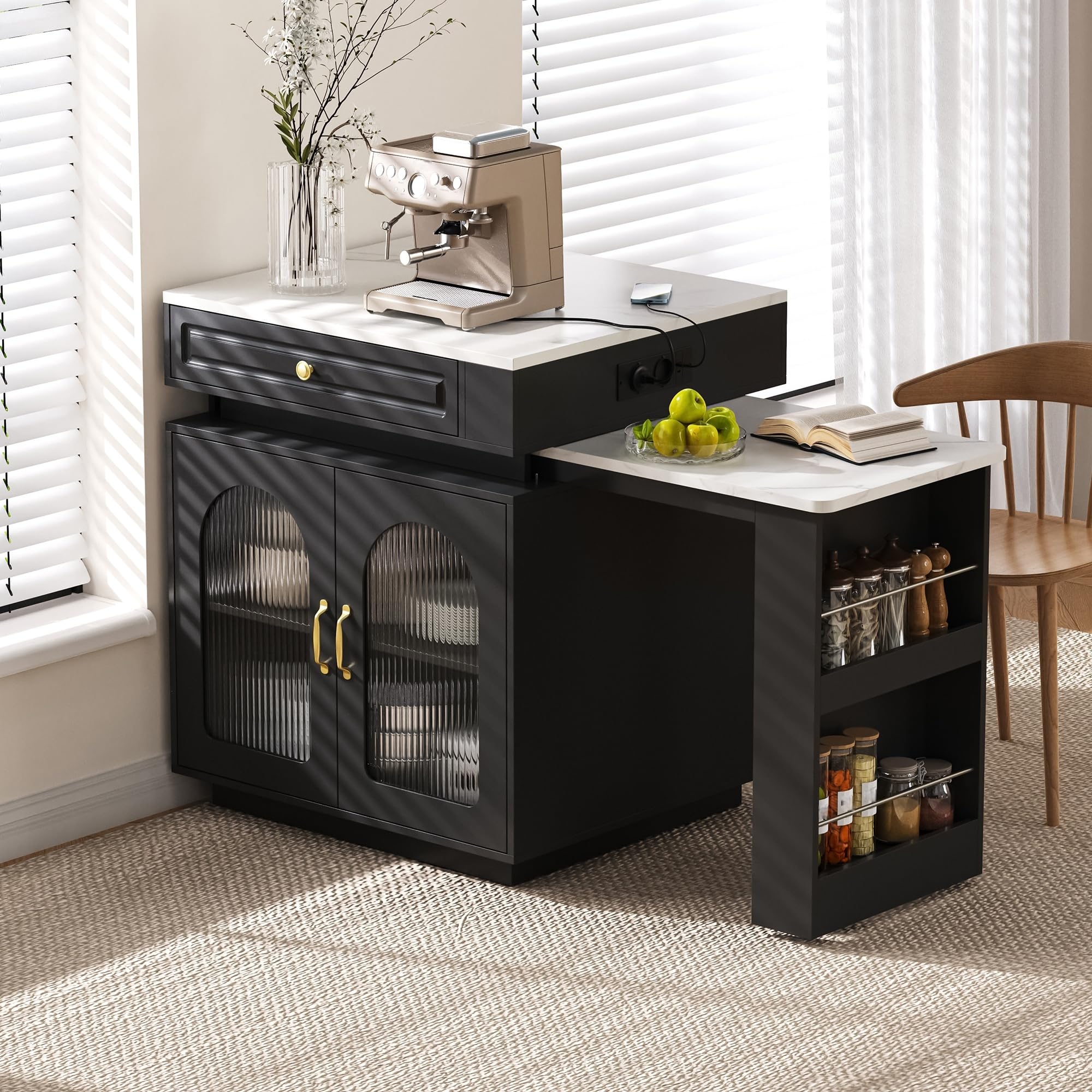 Isla de Cocina con LED, Mesa Extensible con Tablero Extraíble y Regletas de Enchufes, Mesa Alta con Puerta de Cristal y Cajones, Modern Mueble Buffet con Almacenamiento, 128~200×71×92cm (Negro)