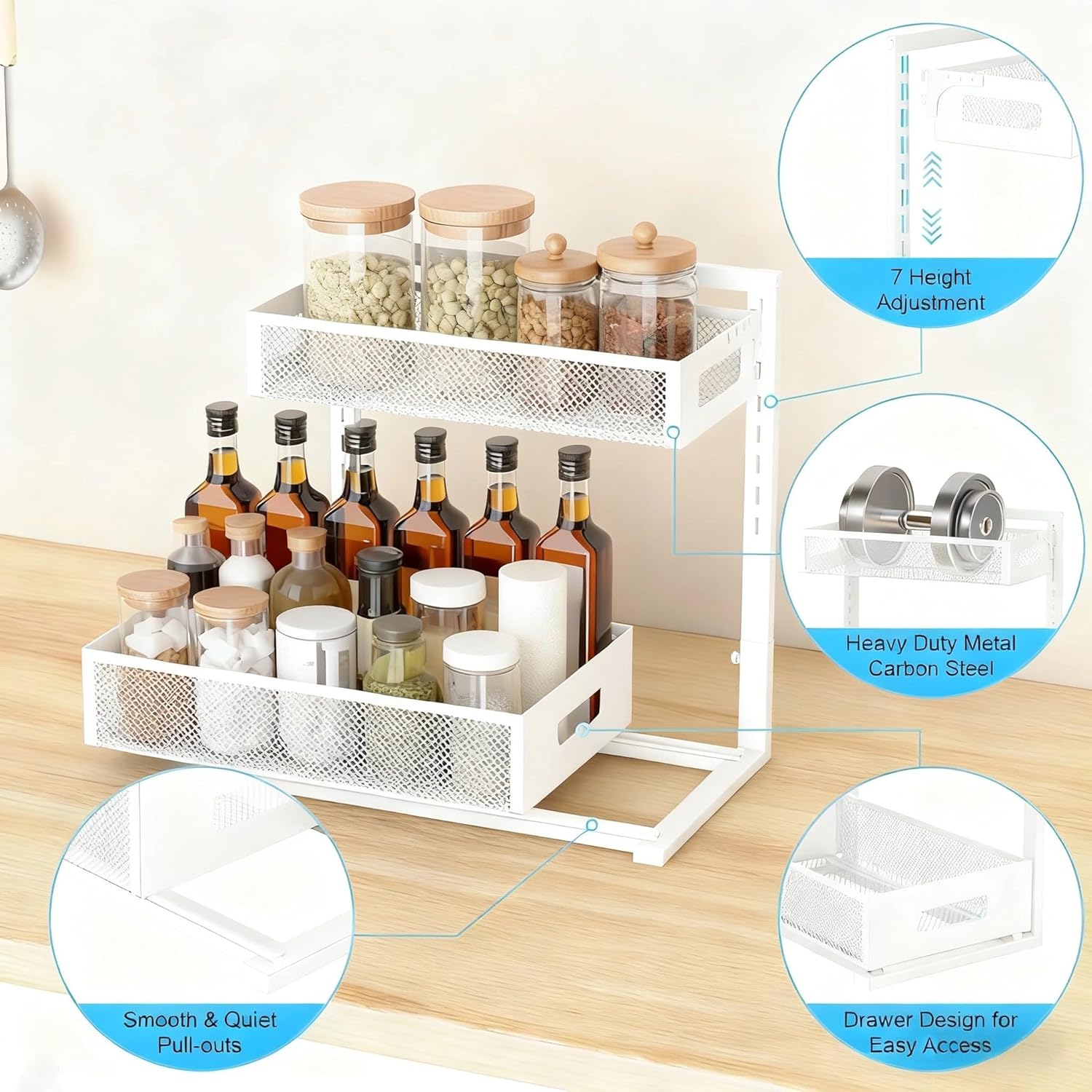 UINOFLE Under Sink Organizer, Adjustable Height 2 Tier Under Sink Organizers and Storage Multi-Purpose Under Sink Storage for Bathroom Kitchen 1 Pack-White-New