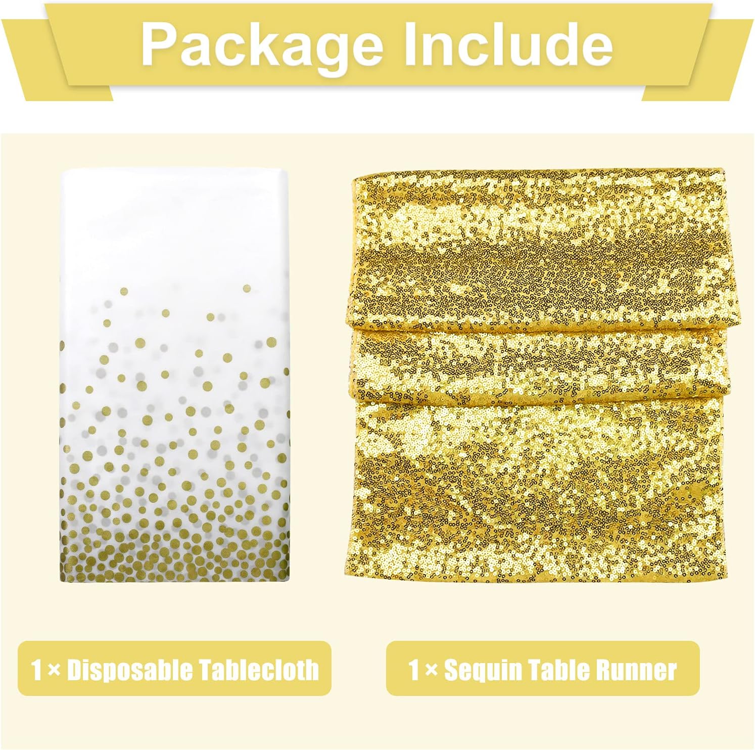 Senneny White Tablecloth and Gold Table Runner Set, Gold Sequin Table Runner and Plastic Tablecloth Set, Gold Decorations Set for Parties, Engagement, Wedding Anniversary and Christmas