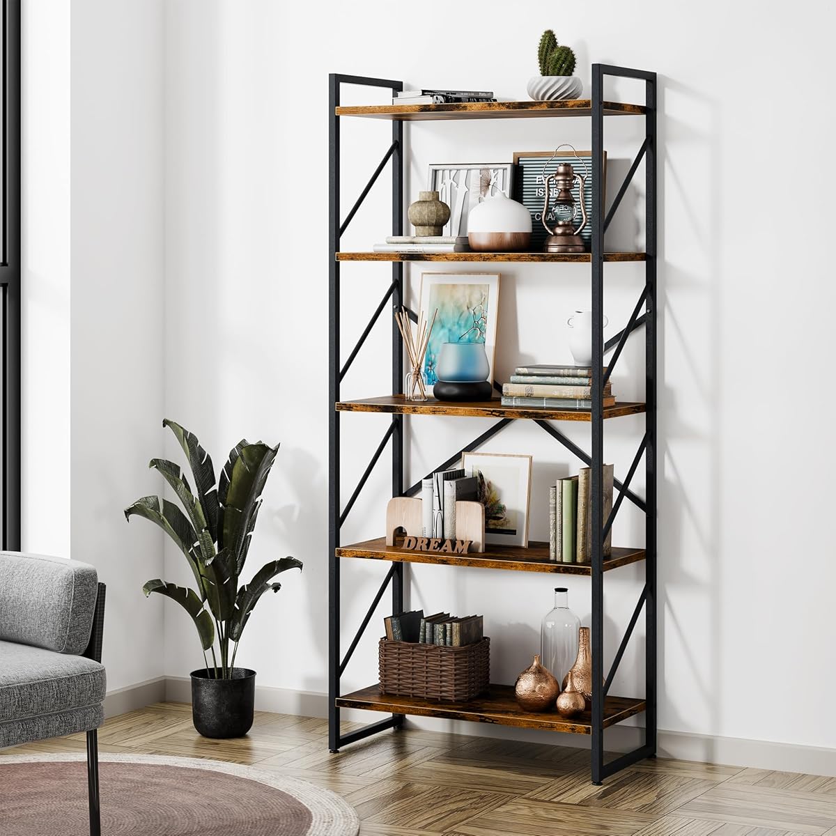 Shintenchi 5 Tiers Bookshelf, Classically Tall Bookcase Shelf, Industrial Book Rack, Modern Book Holder in Bedroom/Living Room/Home/Office, Storage Rack Shelves for Books/Movies-Rustic Brown