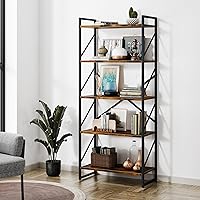 Shintenchi 5-Tier Industrial Bookshelf Rustic Brown - Tall Sturdy Bookcase for Bedroom Living Room Office, 40lbs per Shelf Storage Rack