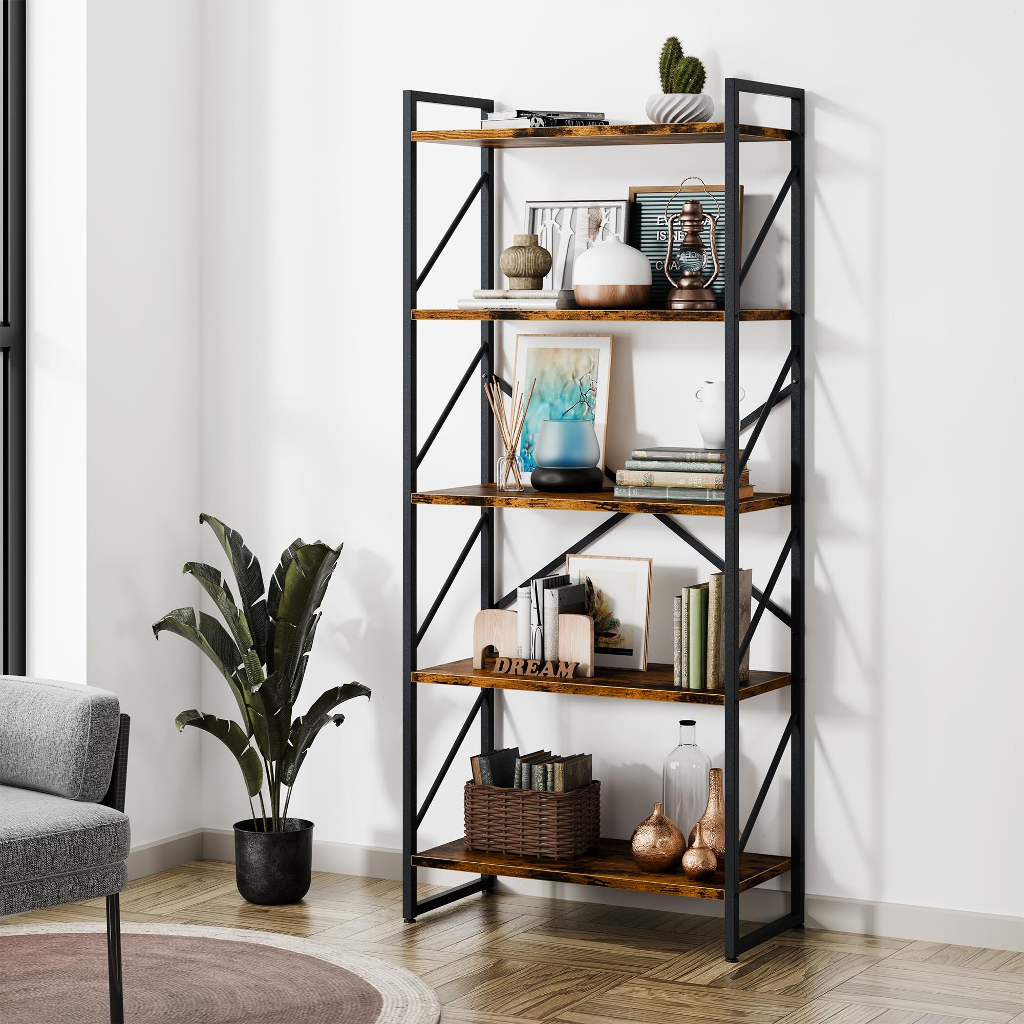 Shintenchi 5 Tier Industrial Bookcase Shelf for Bedroom/Living Room/Home Office - Rustic Brown Storage Rack with Shelves for Books and Movies