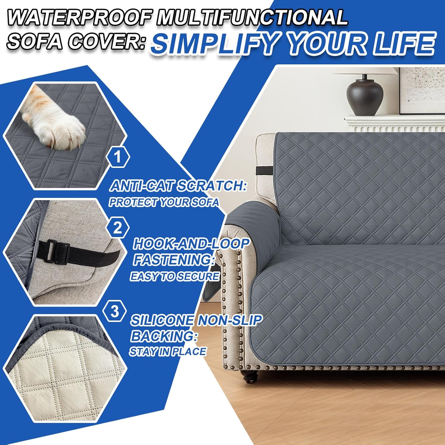 Waterproof Couch Cover for Pets, Sofa Covers for 3 Cushion Couch Washable, Non Slip Couch Covers for Dogs with Side Pockets Elastic Straps, Quilted Couch Covers for Sofa (Sofa, Dark Grey)