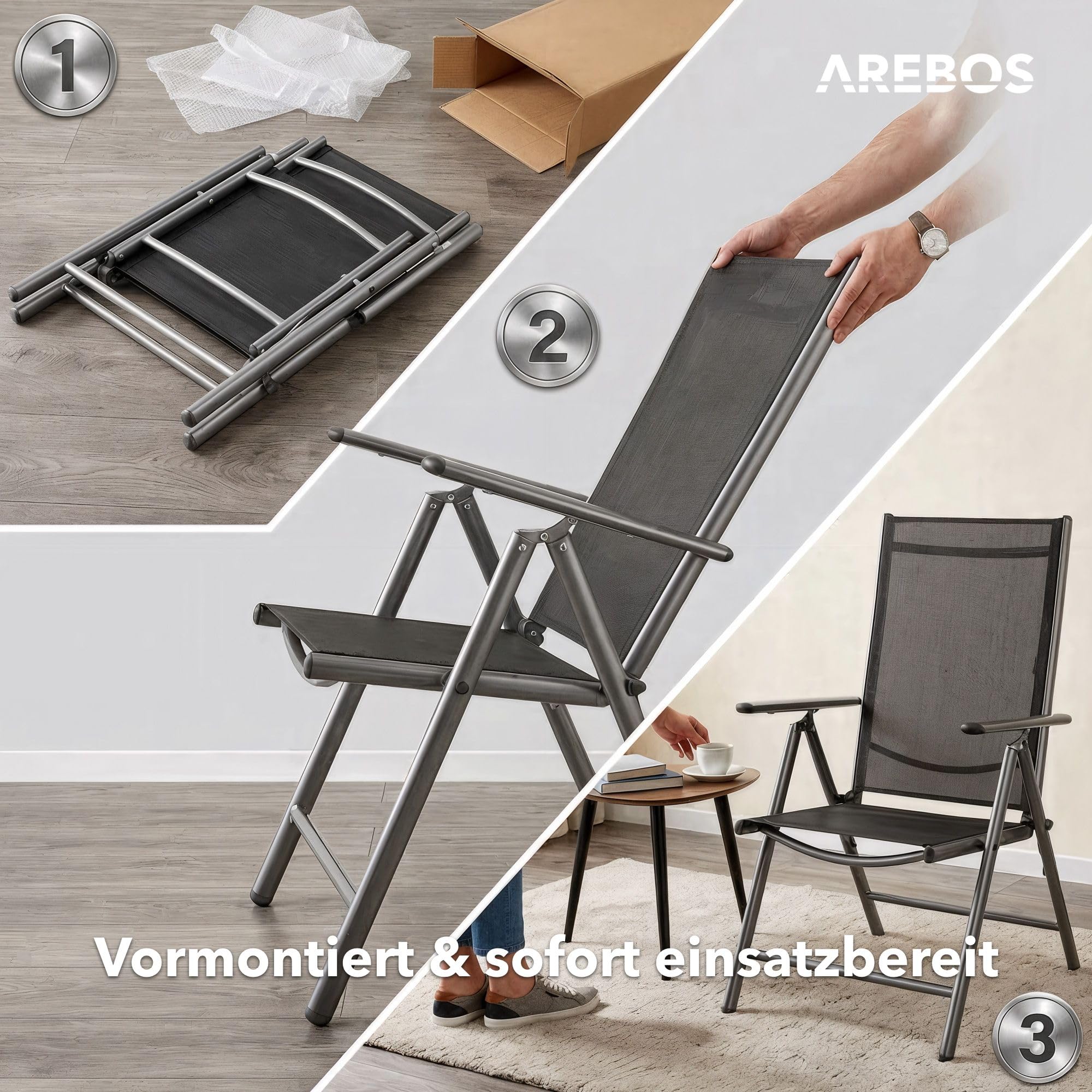 Arebos Gartenstuhl Hochlehner klappbar 2er Set | 7-Fach verstellbare Rückenlehne bis 150° | Balkonstuhl aus Aluminium | Wetterfest & UV-beständig | Bis 120 kg belastbar | Gartenstühle Hochlehner