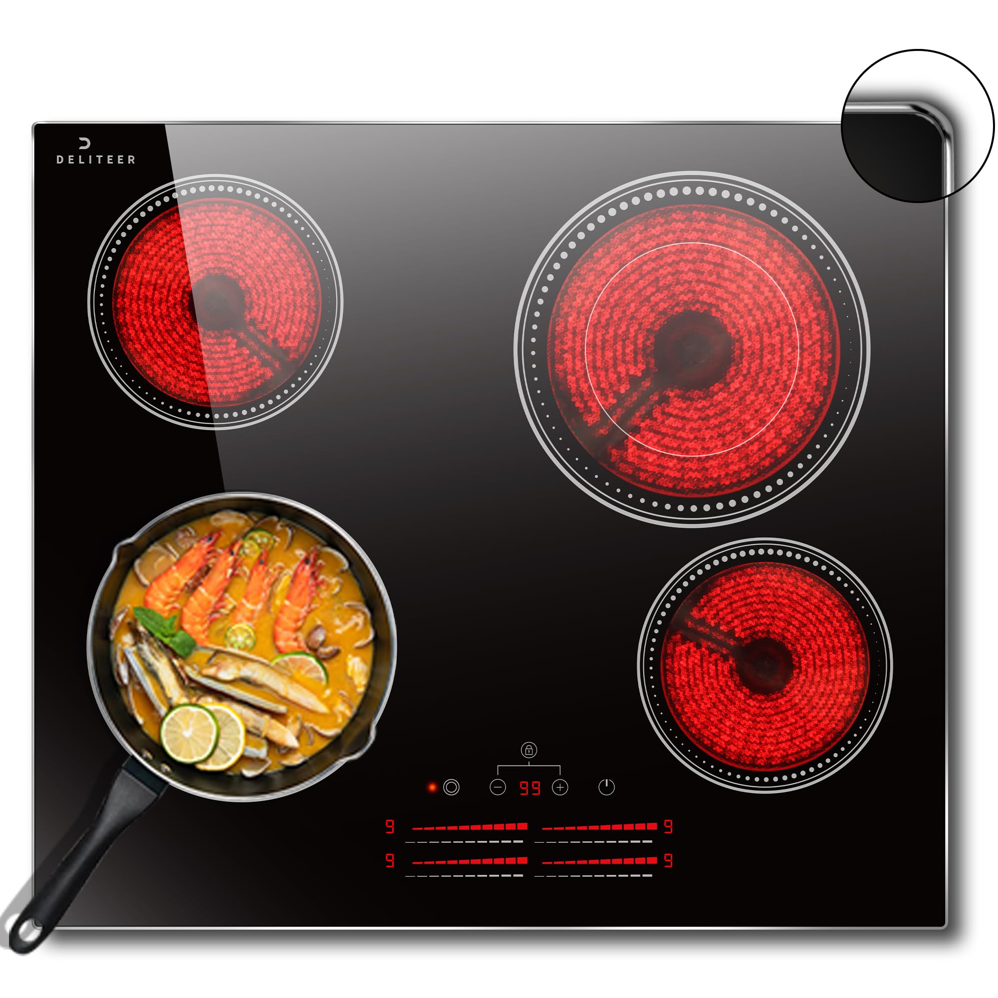 DELITEER Placa vitroceramica 4 Fuegos,59 cm, con marco, 6600 W, Control táctil individual para zonas de calentamiento separadas, Doble zona flexible, Sin Enchufe