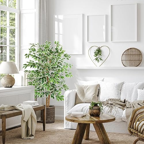 Miniatura 8 de GTIDEA Árbol de ficus artificial de 5 pies, árbol falso alto con tronco natural, árboles de imitación de seda para interiores, árboles artificiales