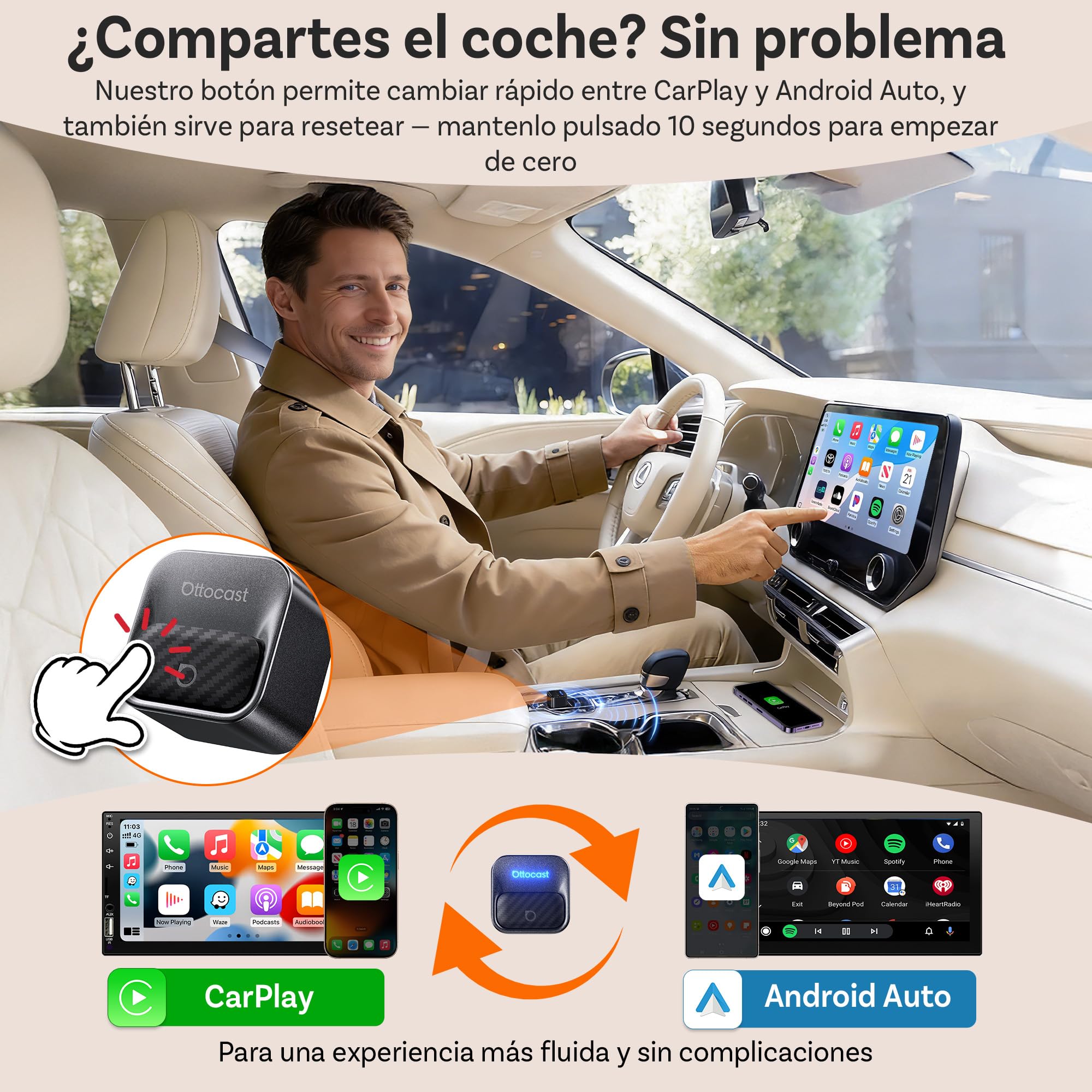 Ottocast Mini Core 2026 Adaptador CarPlay Inalámbrico y Android Auto, Plug & Play, Cambio de móvil con un botón, WiFi 6 + BT 5.4, Reconexión automática, para iPhone 6+ (iOS 10+) y Android 11+
