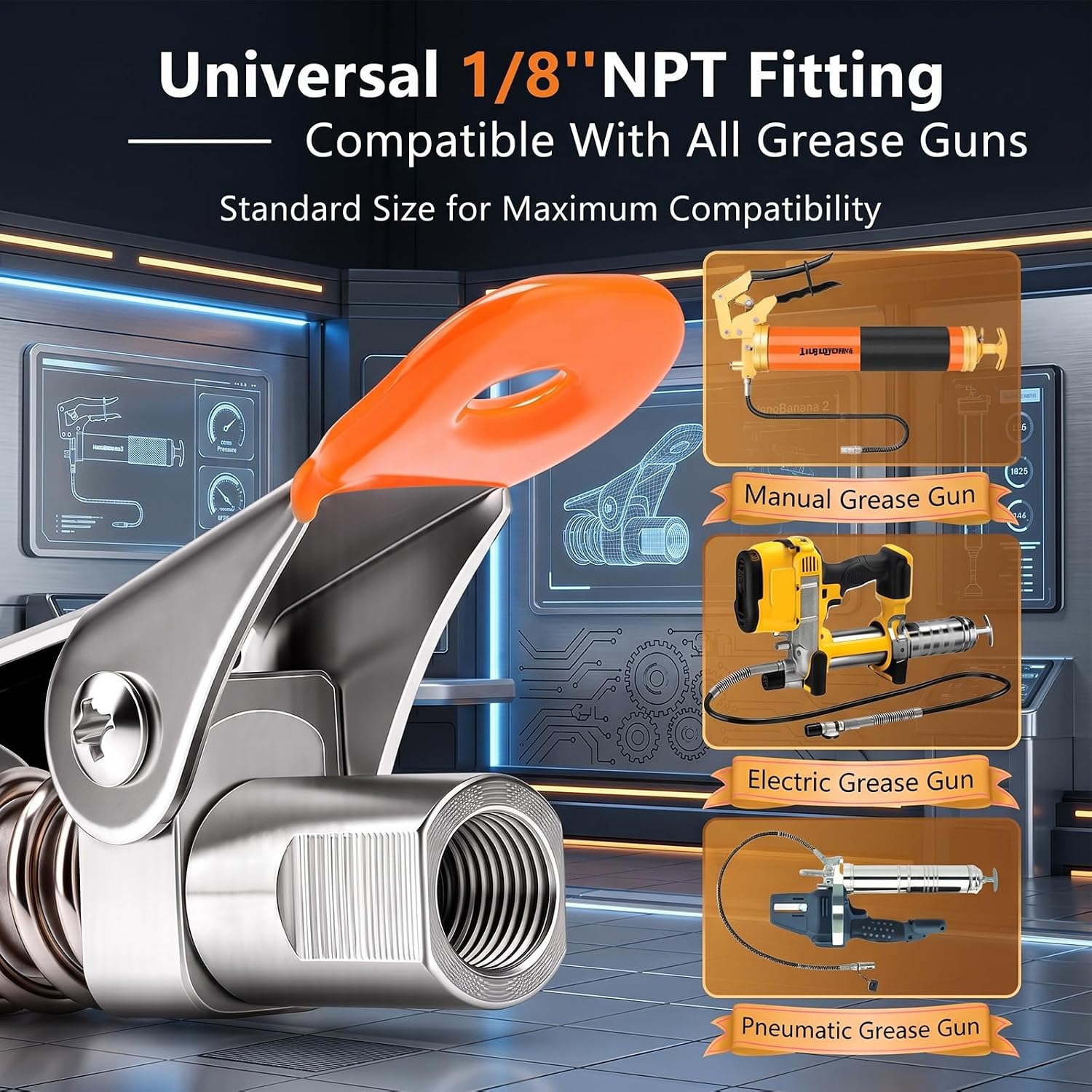 THINKWORK Grease Gun Coupler, Upgraded Leak-Free Grease Gun Tips with Non-Slip Handle, 6-Jaw Lock-On High Pressure Quick Release Grease Fittings, 0.53" Diameter for Narrow Spaces, Fits All Grease Guns