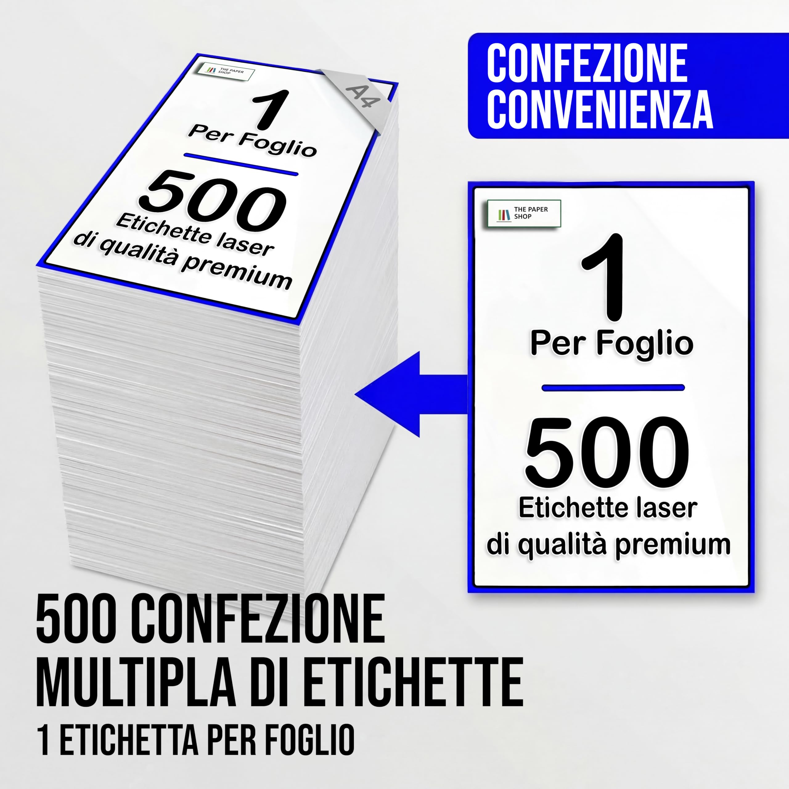 Carta adesiva A4, 1 per foglio, 500 etichette autoadesive per stampanti laser e a getto d'inchiostro, carta bianca per etichette A4 per indirizzi, spedizioni, Logistica di Amazon The Paper Shop