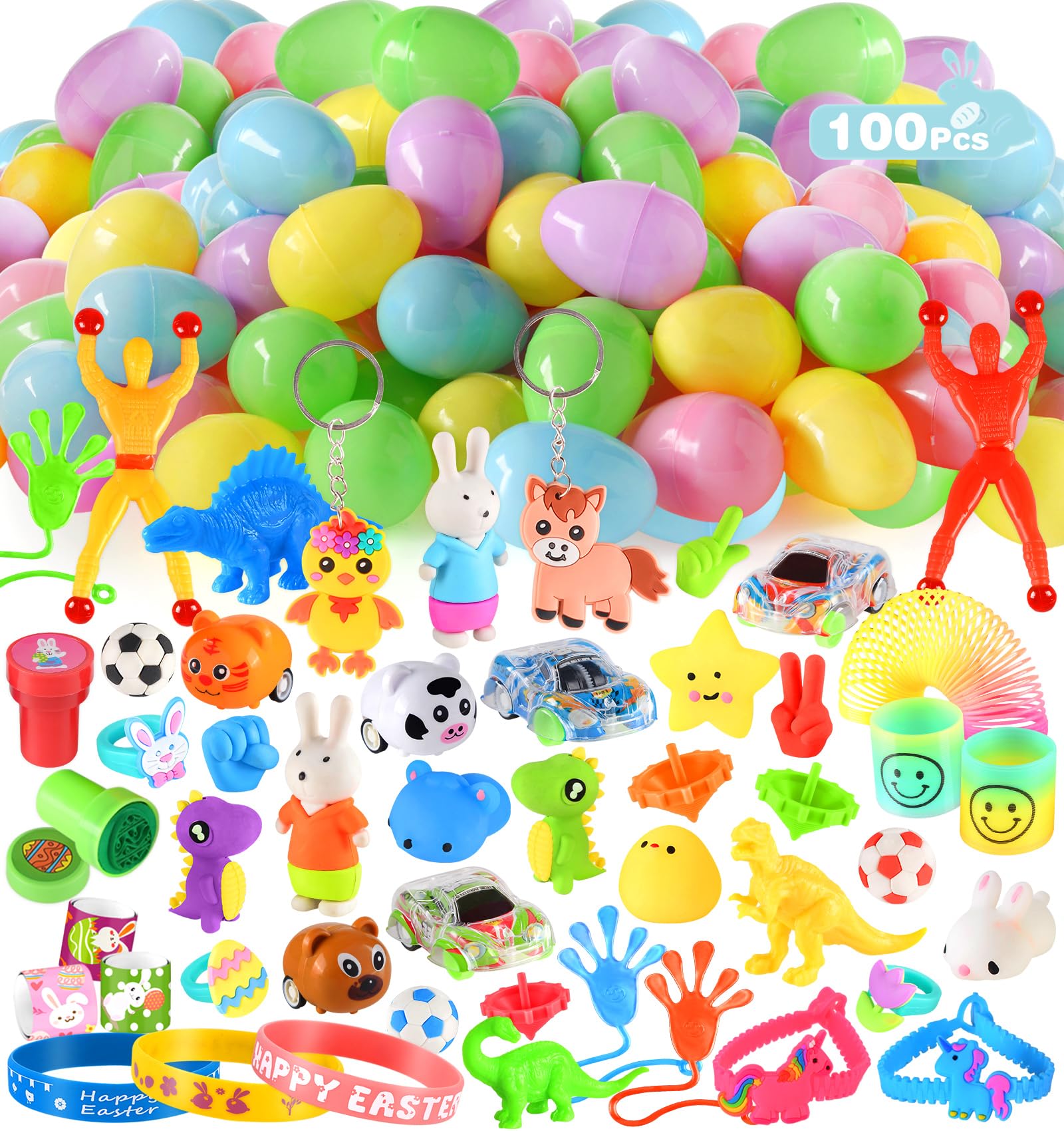 100 Pack Prefilled Easter Eggs with Toys Inside, Pastel Plastic Easter Eggs with Assorted Toys, Colorful Surprise Eggs for Easter Hunt, Easter Basket Stuffers, Party Favors Bulk for Kids Boys Girls