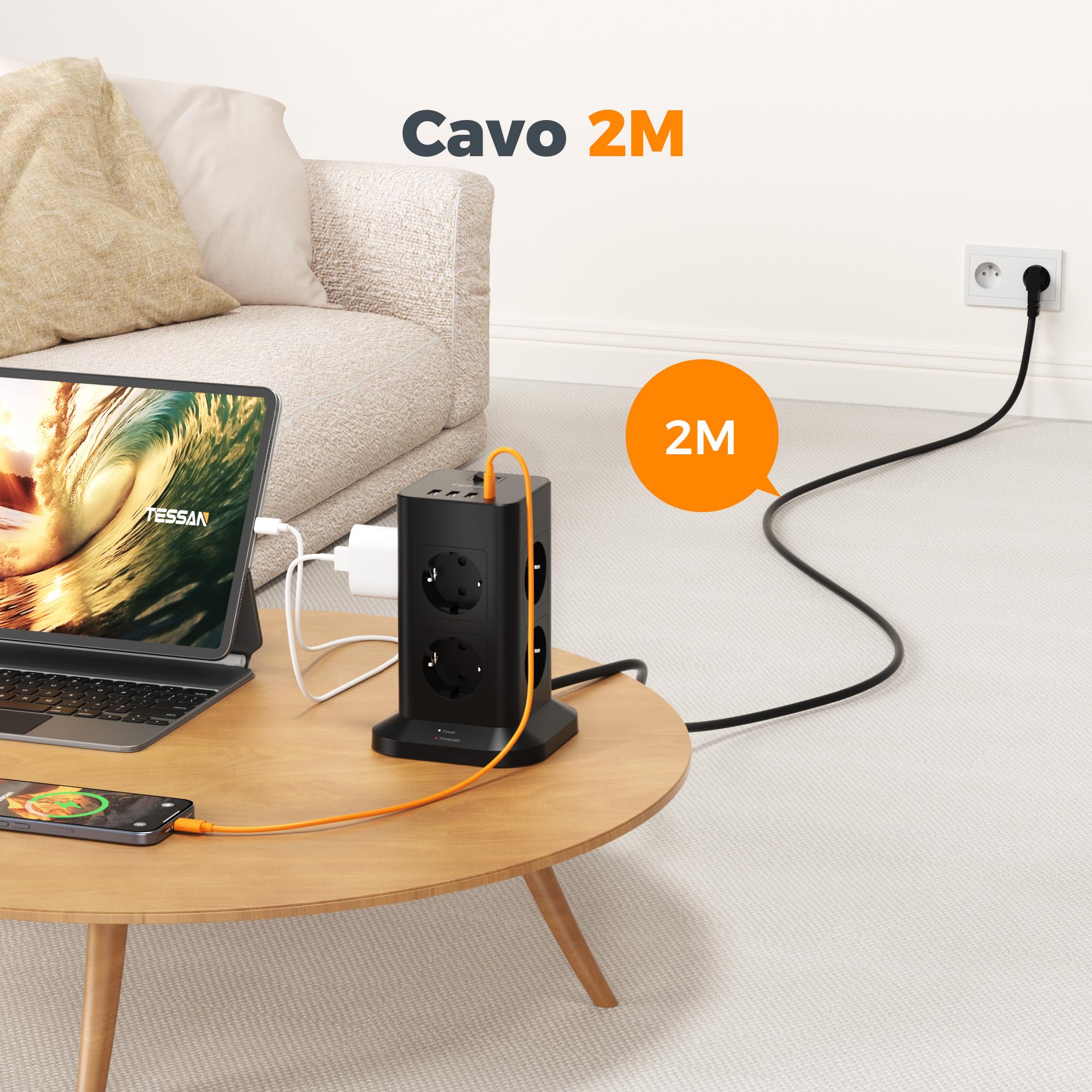 TESSAN Ciabatta Multipresa con 4 USB e 8 Prese, Ciabatta Elettrica Protezione Sovratensione, Torretta Multipresa con Interruttore e Prolunga Elettrica 2 Metri, Nero