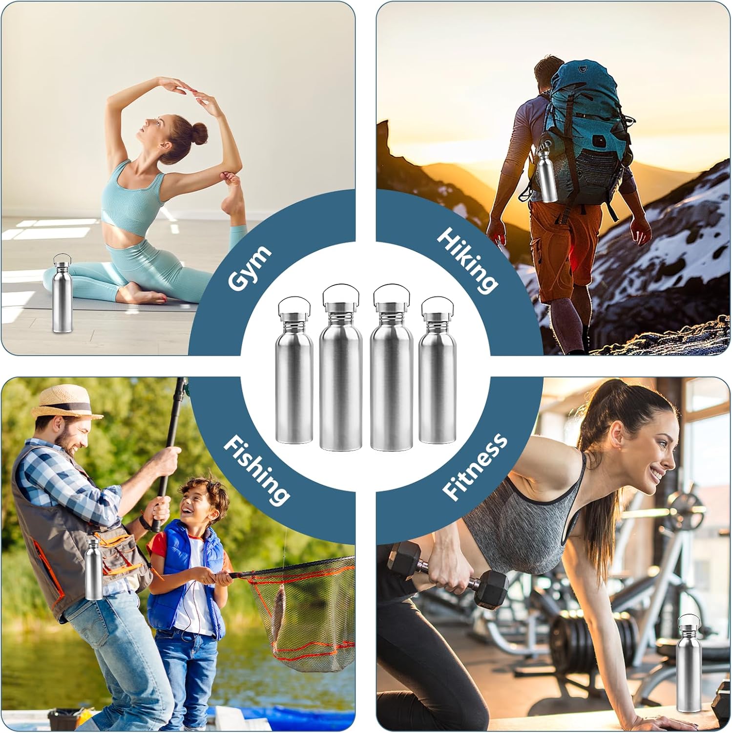 4 Pack 34oz Uninsulated Single Walled Stainless Steel Sports Water Bottle with Handle 304 18/8 Stainless Steel Camping Water Bottle for Cyclists Runners Hikers Beach Goers Picnics Camping