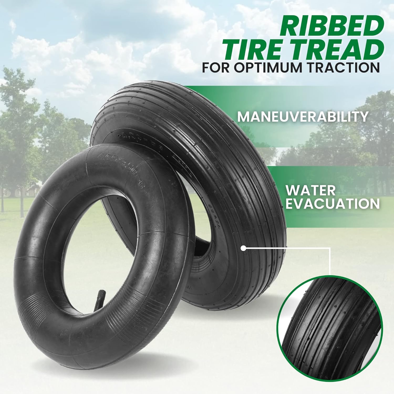 (2 Sets) 4.00-6 Replacement Pneumatic Tires and Inner Tubes - Universal Fit 13” Tires and Tubes Compatible with Wheelbarrows and Gorilla Carts - With Ribbed Treads and TR13 Straight Valve Stems
