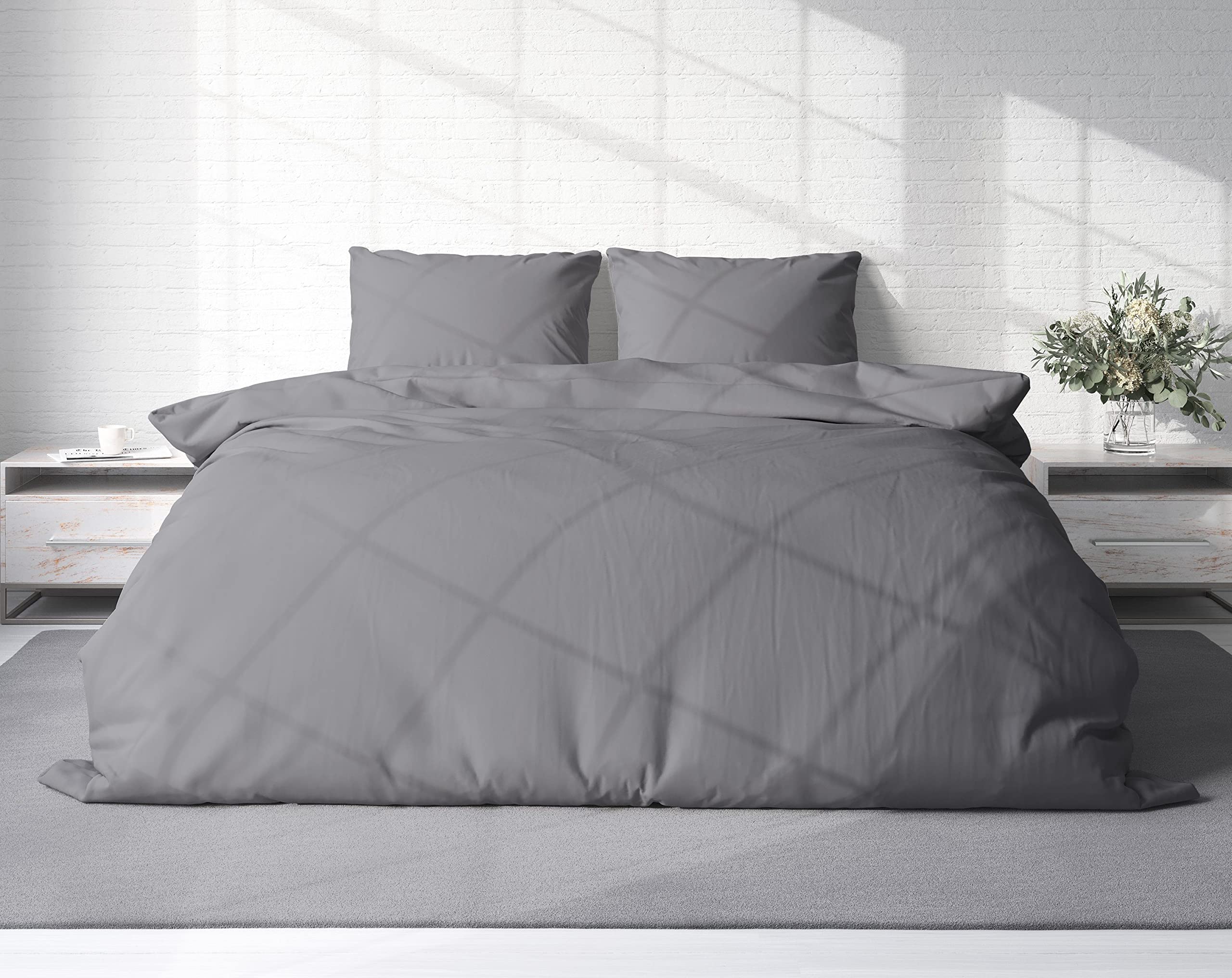 one-home Uni Bettwäsche 240x220 cm anthrazit Doppelbett Einfarbig Renforce Baumwolle