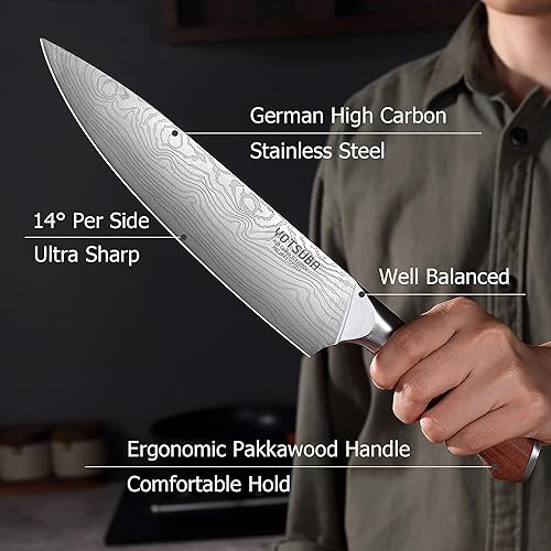 Miniatura 2 de YOTSUBA Cuchillo de chef profesional de 8 pulgadas y cuchillo utilitario de 5 pulgadas con borde súper charp mango de madera de pakkawood diseño