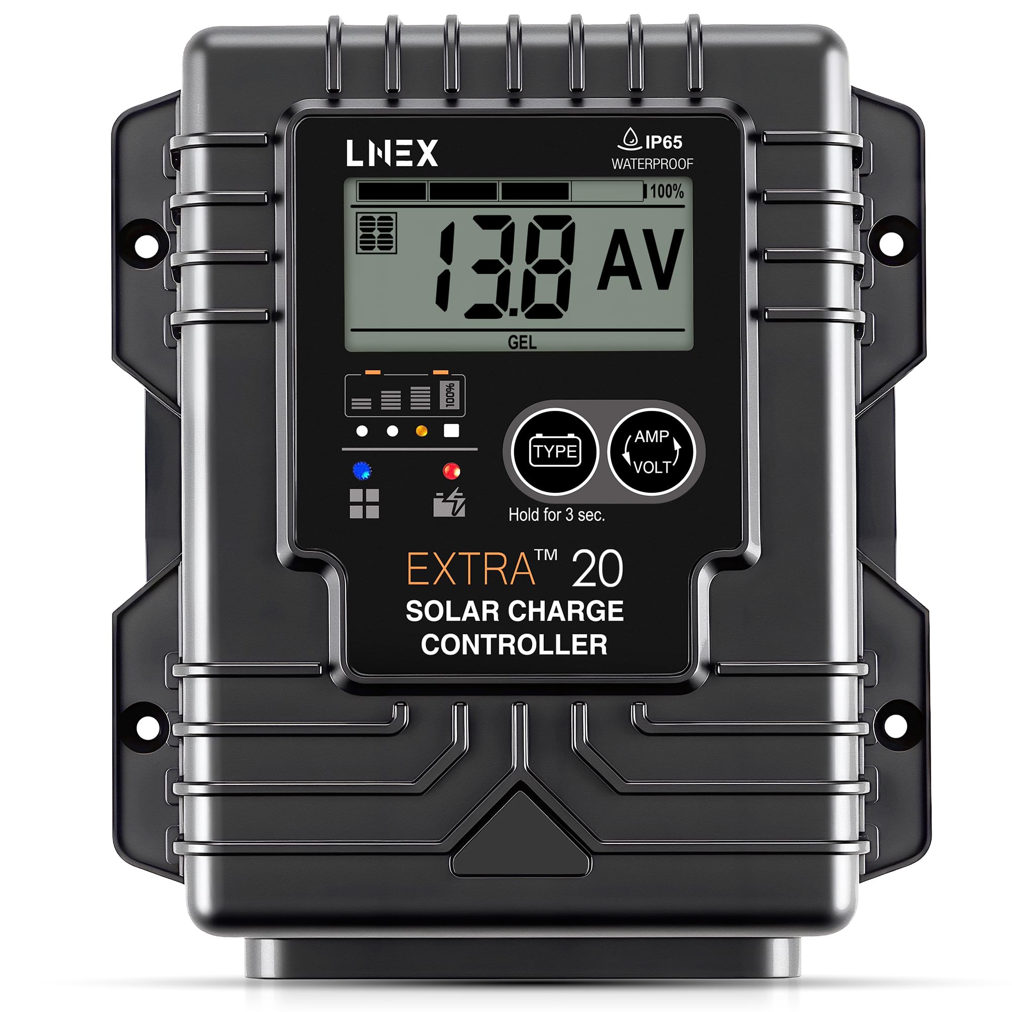Photo 1 of LNEX Solar Charge Controller Waterproof, 20A Solar Panel Regulator with Temp Sensor,Backlit LCD, 12V/24V PWM Solar Controller for LiFePO4,AGM, Gel, Flooded and Lithium Battery