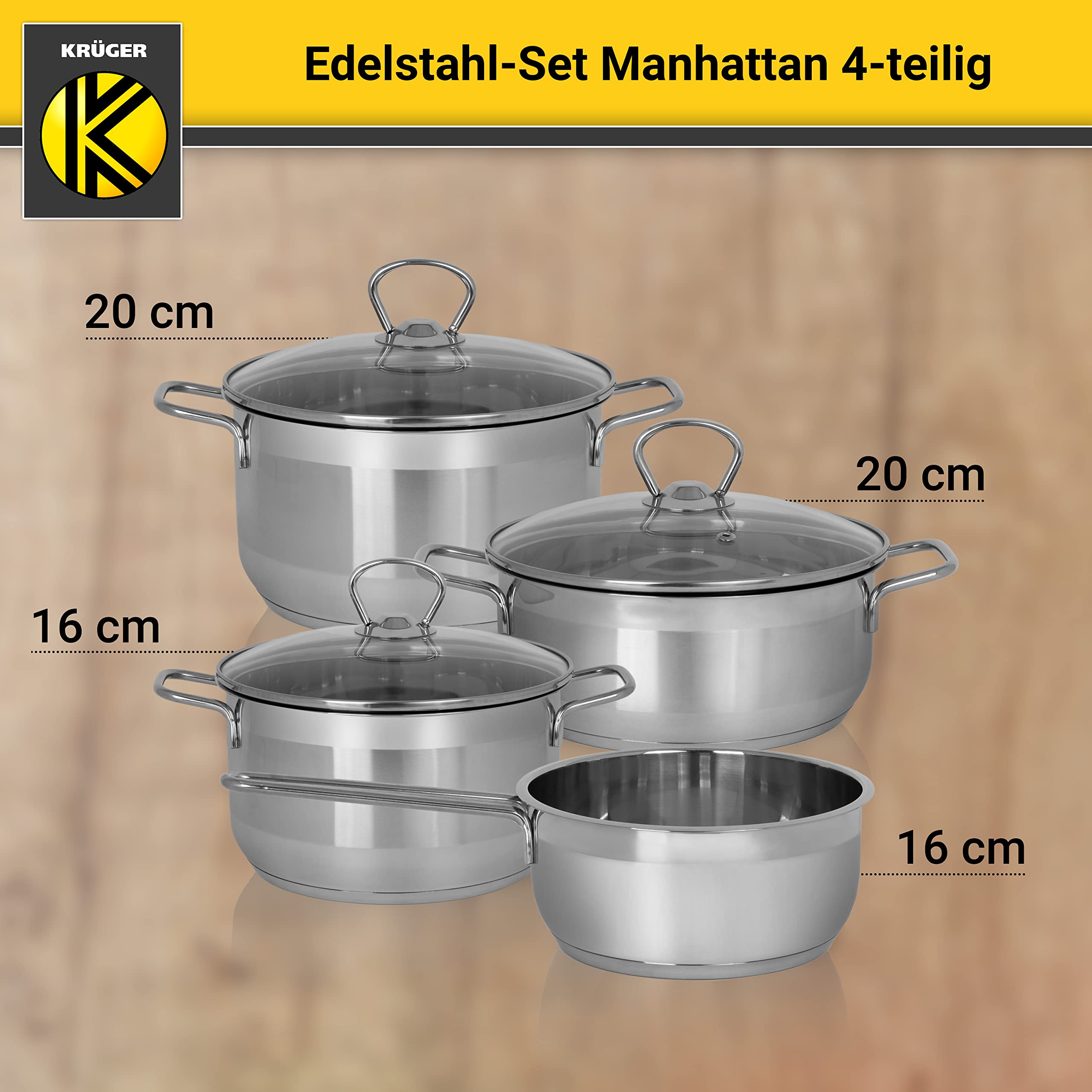 Krüger Edelstahl Topfset Manhattan 4-teilig|3 Töpfe mit Deckel & Stieltopf