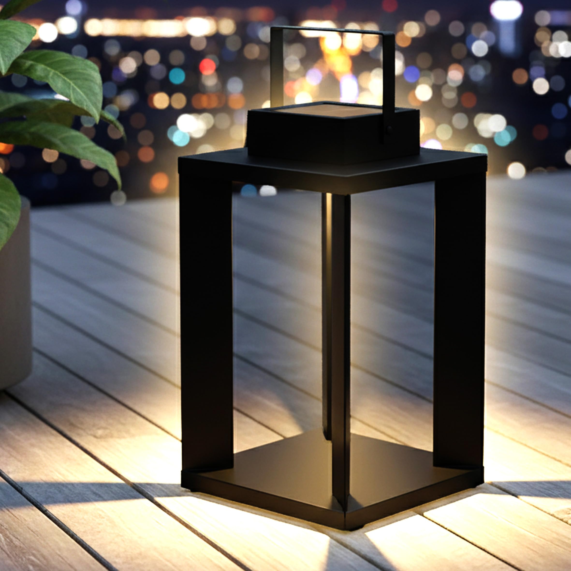 Lanterna solare in metallo, colore nero, 25 LED, luce bianca calda, 45 x 22 cm, a energia solare, di alta qualità, massiccia, per giardino, terrazza, balcone