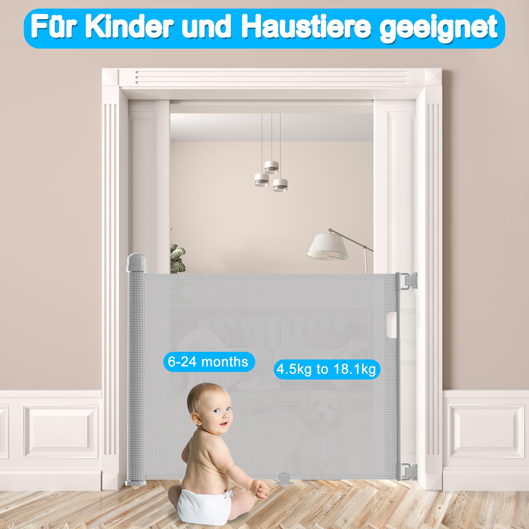 UISEBRT Rejilla de Protección Extensible para Puertas y Escaleras - 0-180 cm, Barrera para Perros, Bebés y Mascotas - Color Gris
