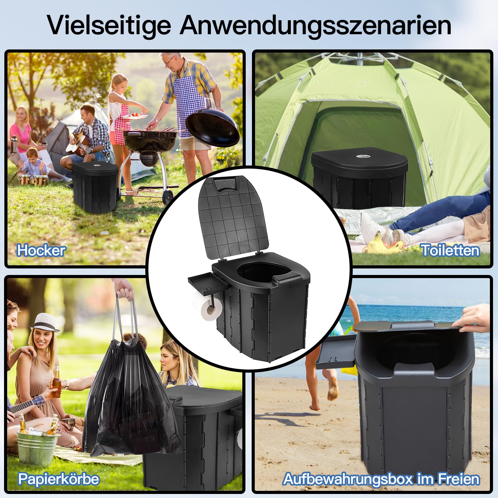 Toilettes de camping, toilettes de camping pliables, toilettes mobiles, toilettes de voyage pliables, toilettes portables pour l'extérieur avec porte-papier toilette et porte-téléphone