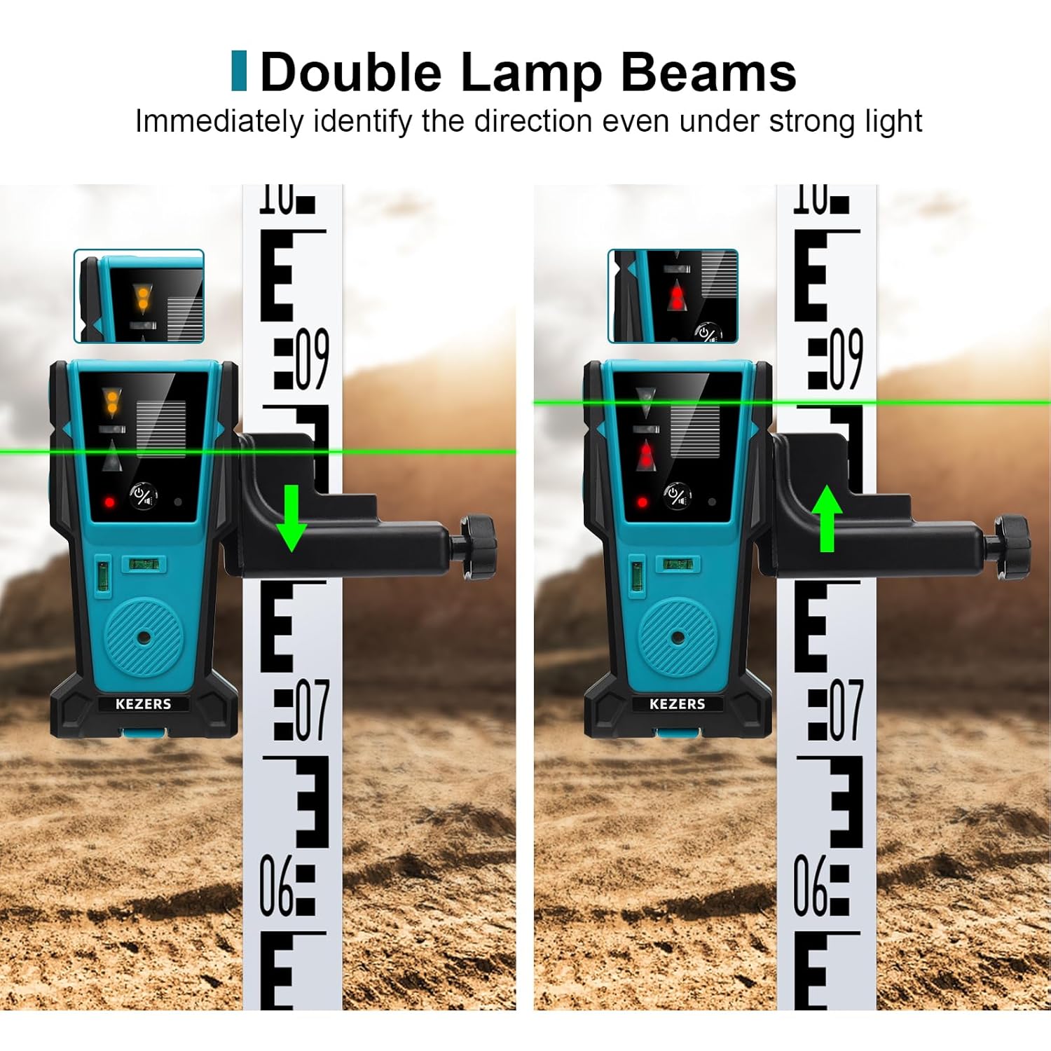 KEZERS KL-1D Laser Level Receiver showing double lamp beams for direction identification