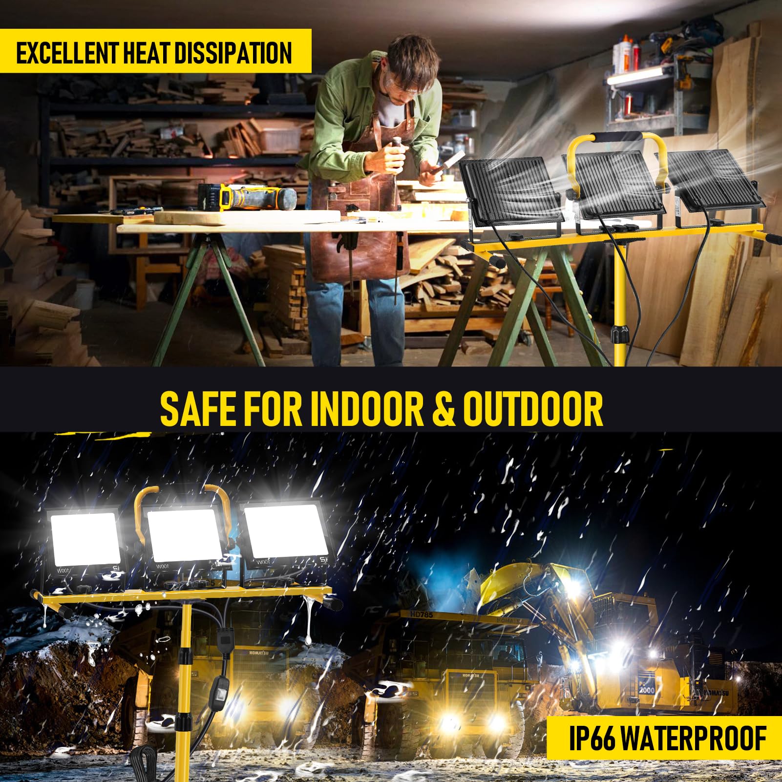Foco de Trabajo LED 300W con Trípode Telescópico, 30000LM 6500K Foco de Trabajo LED con Enchufe Cable de 3m, Rotación de 360°, IP66 Impermeable Luz de Trabajo para Taller, Obras, Garaje