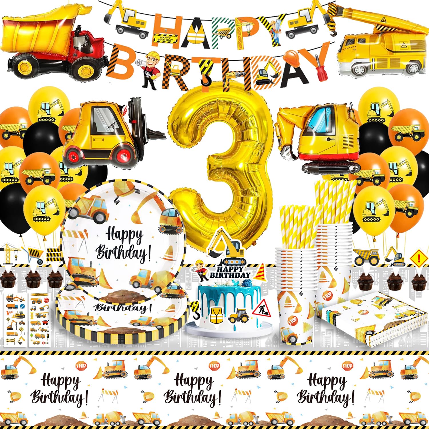 3nd Excavator Birthday Decorations, 3nd Construction Party Tableware, 3nd Construction Party Supplies, Excavator Balloons, Paper Plates and Tablecloth for Construction Birthday Decorations, 16 Guests