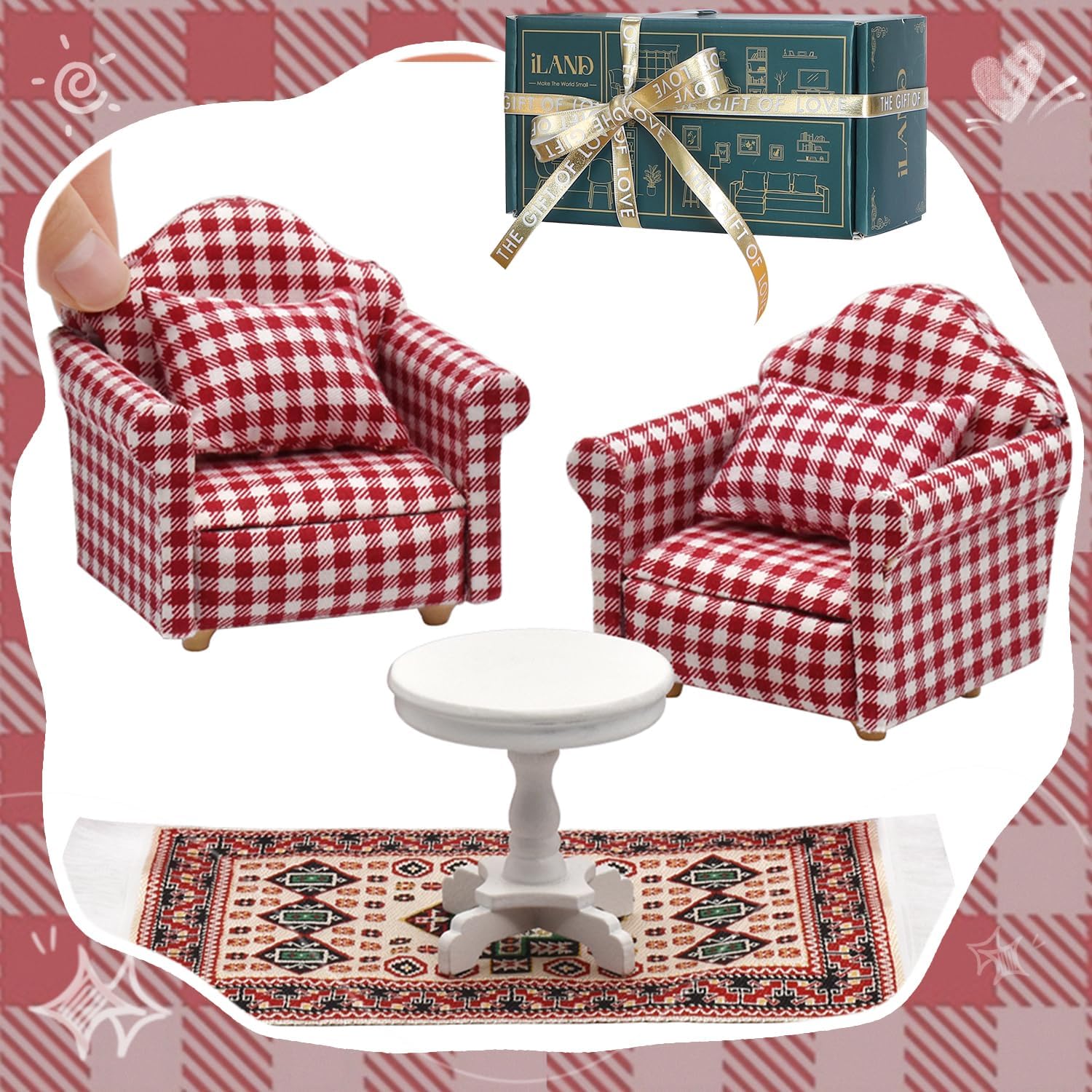 iLAND Cute Kids Toys for Girls 6-8 Lovely Dollhouse Furniture on 1/12 Scale Gingham Doll House Couch Set inc 2 Miniature Sofas 1 End Table 1 Rug Small