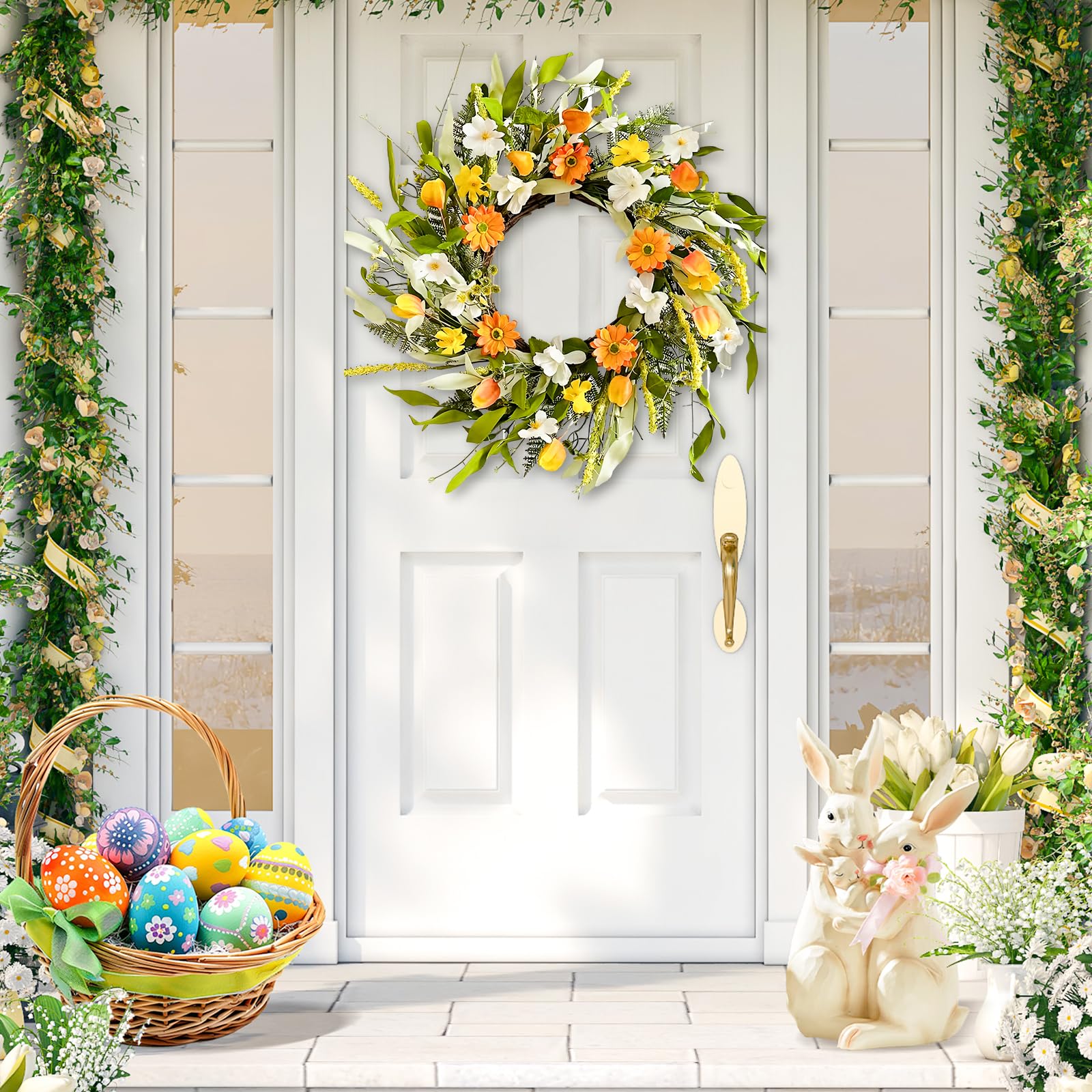 Ghirlanda Pasquale Fiori Artificiali – Decorazione Porta 40x35 Cm, Primavera E Feste, Regalo