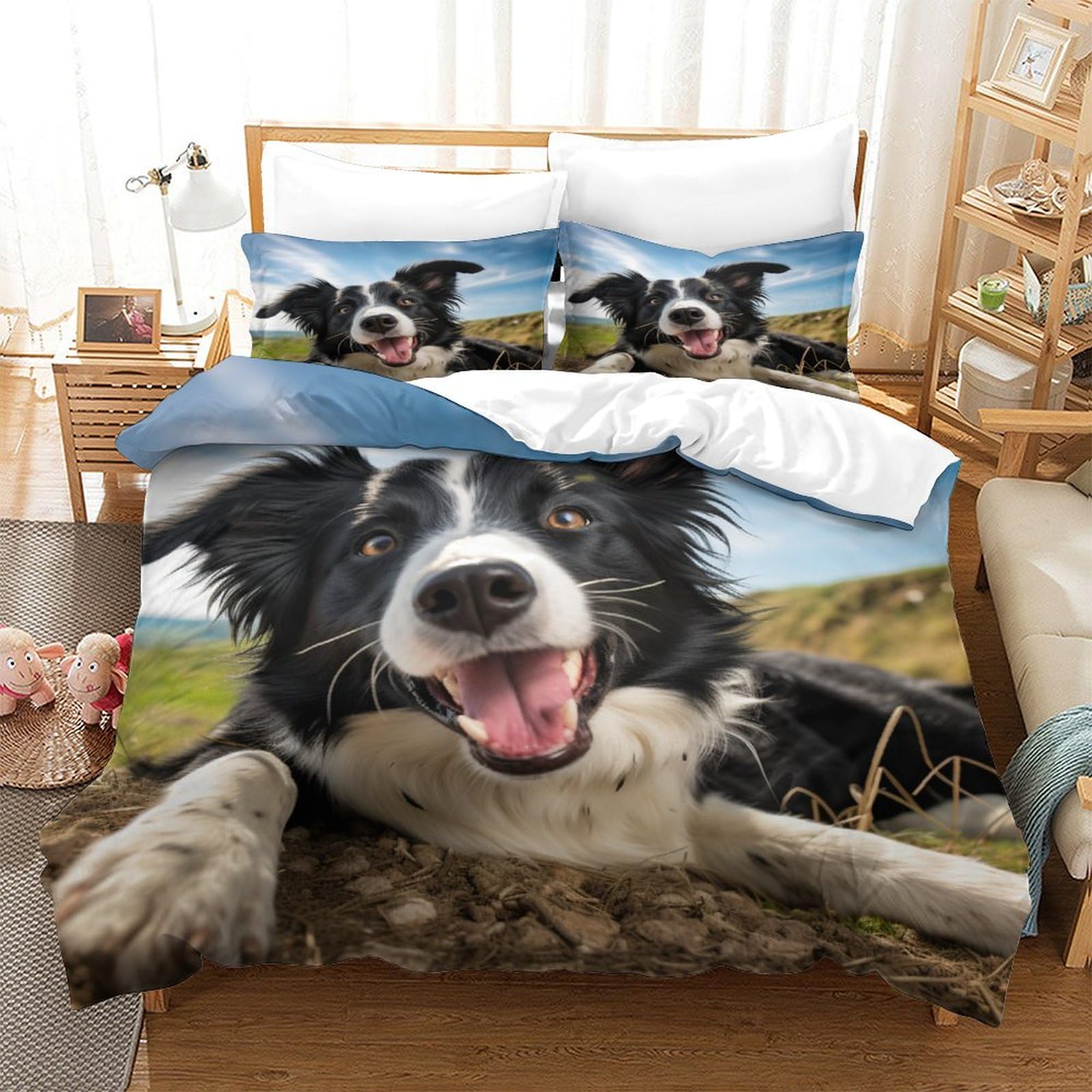 Carino Border Collie Set Copripiumino Con Stampa 3D Stampa Set Di Biancheria Da Letto Con Copriletto in Microfibra Copripiumino Soft Chic 3 Pezzi Per Adulti E Ragazzi Grande（220x240cm）